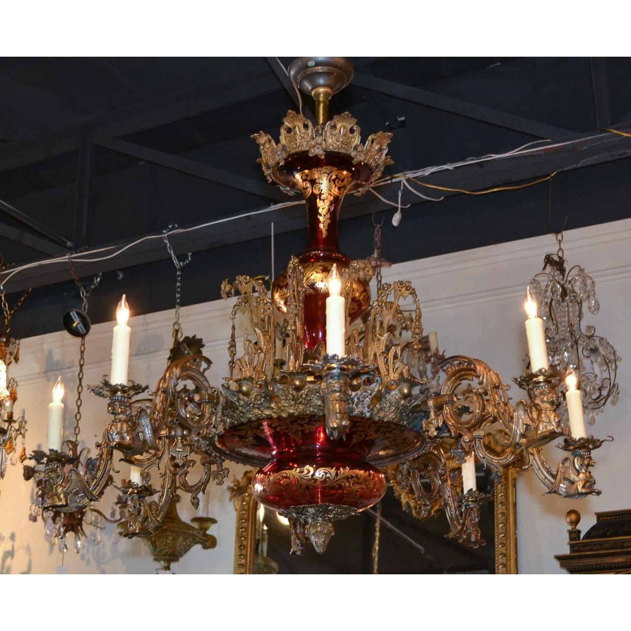 19th Century French Belle Époque Ruby Glass and Bronze Chandelier 1