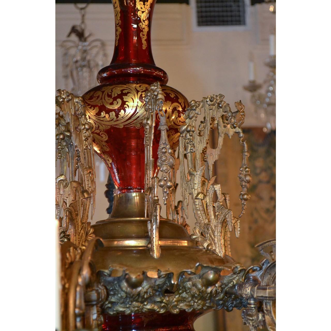19th Century French Belle Époque Ruby Glass and Bronze Chandelier 2