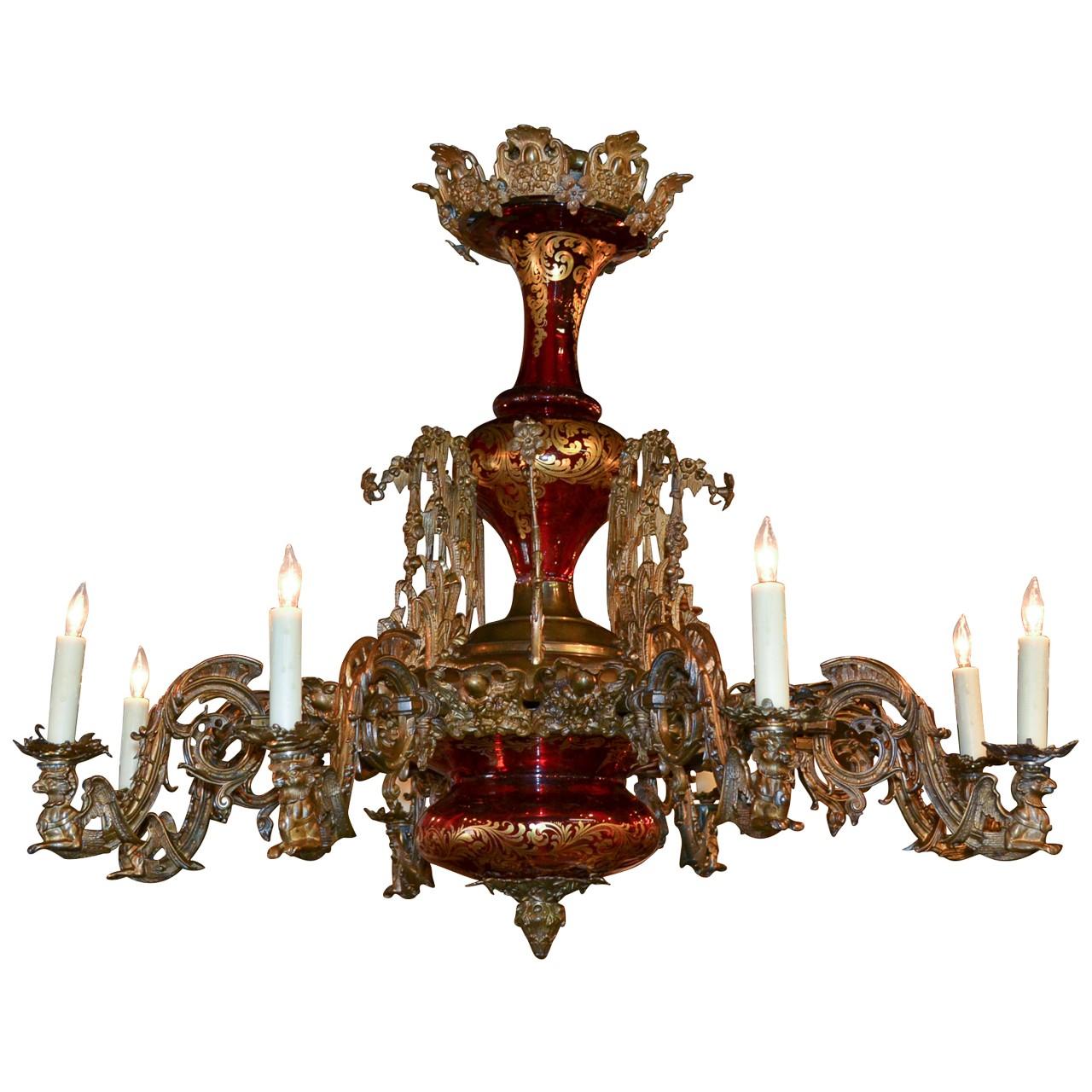19th Century French Belle Époque Ruby Glass and Bronze Chandelier