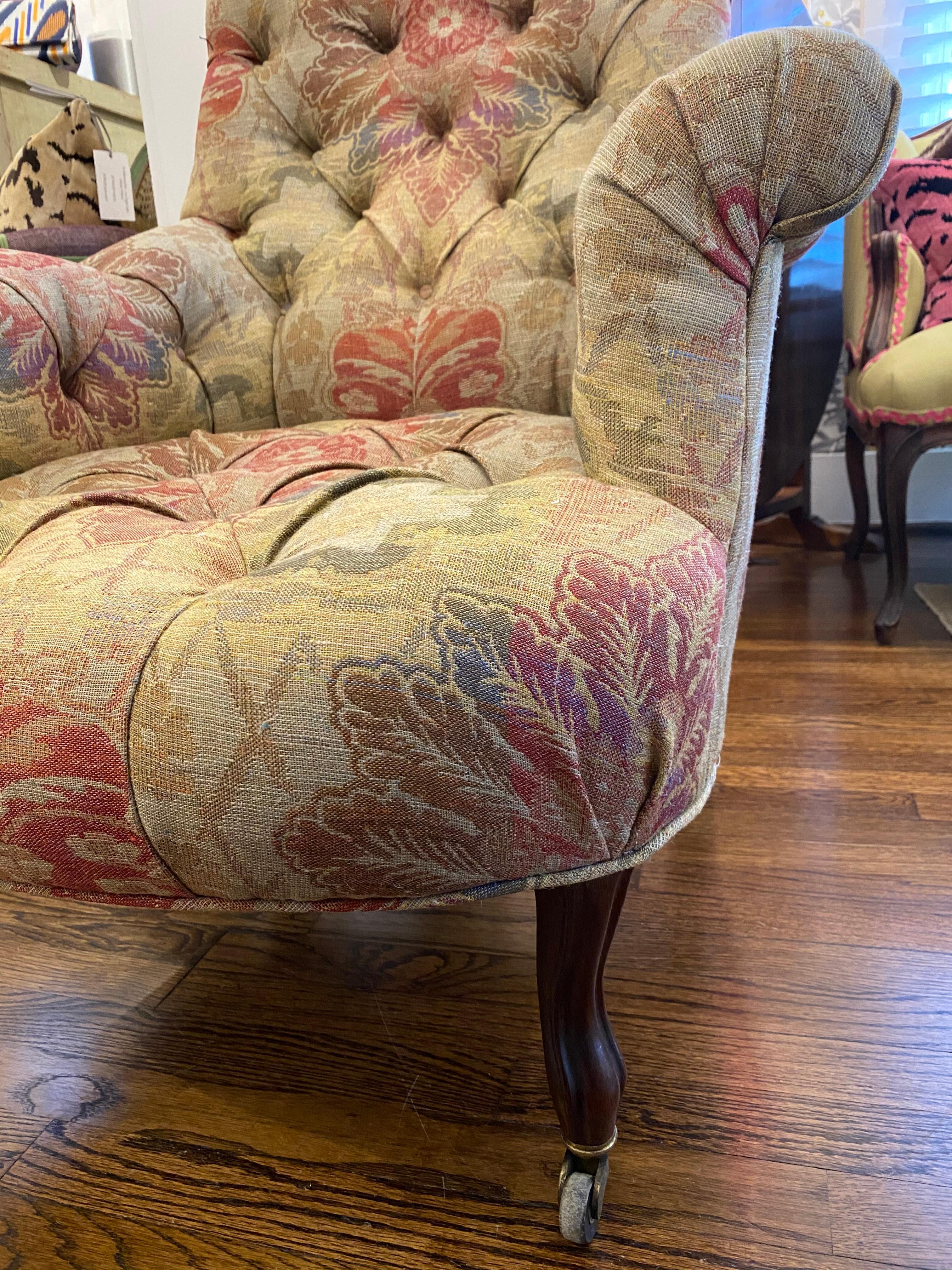 Classic 19th century French Belle Époque tufted armchair newly upholstered in a Rogers and Goffigon tapestry fabric.
