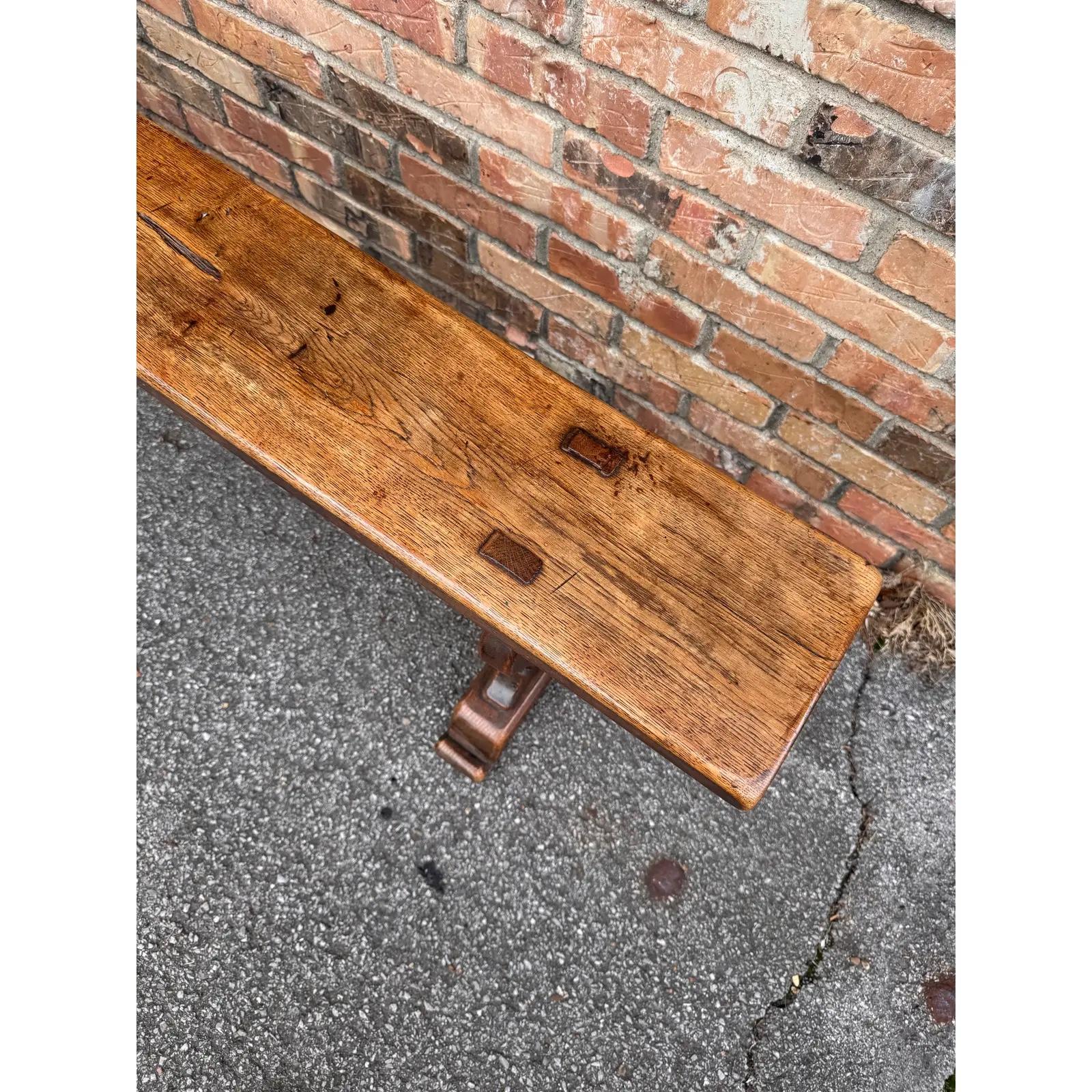 This is a pair of 19th century French farm table benches. The wood is a beautifully aged oak, very sturdy, the craftsmanship in the 18th and 19th century was so superior to anything used today. 
Seat depth is 8