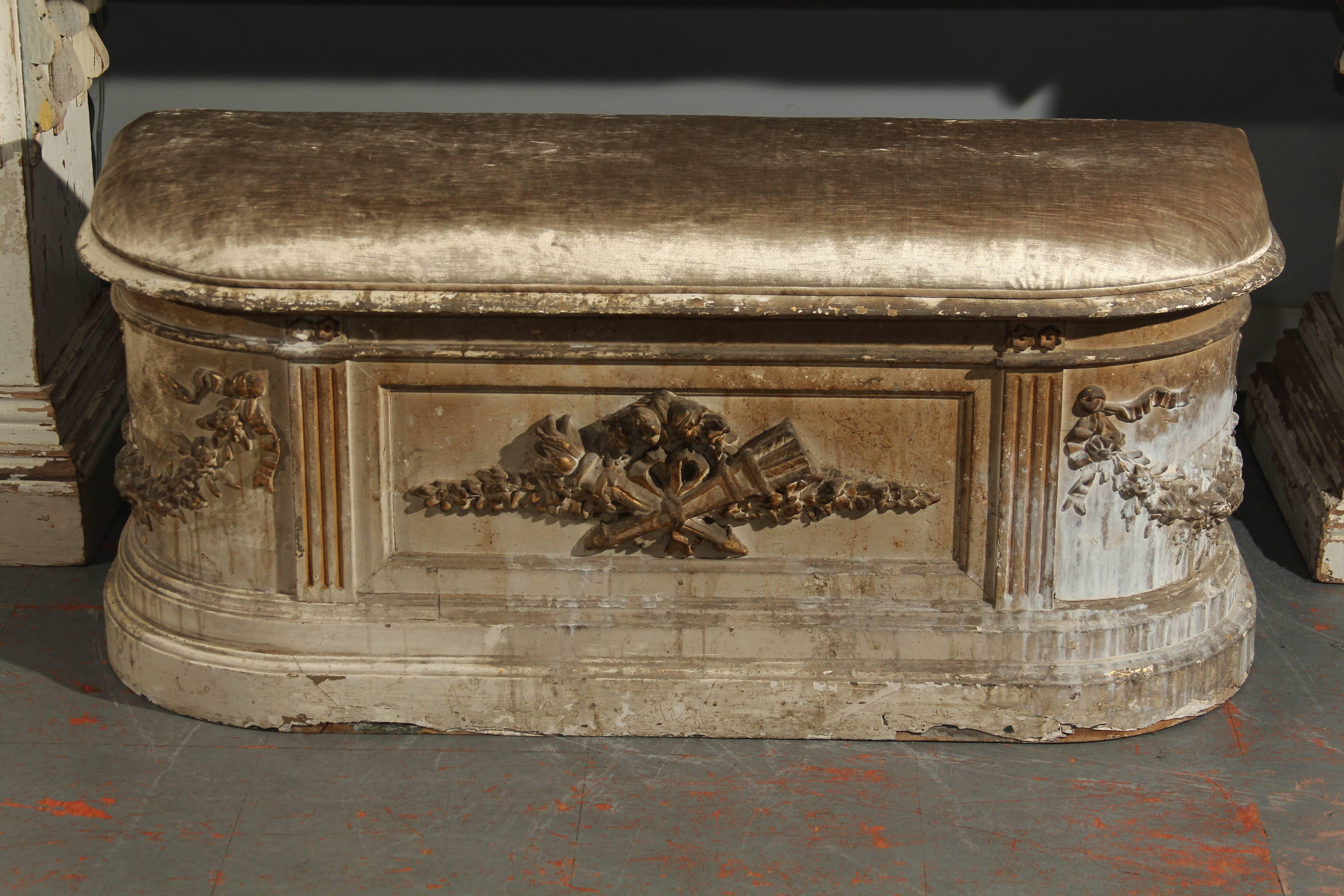 Beautifully distressed bench with hinged, lift top upholstered in velvet with hidden storage. Perfect for hallway , foot of a bed or nook . Beautiful patina of white, greys and old gilding, 19th century, France.