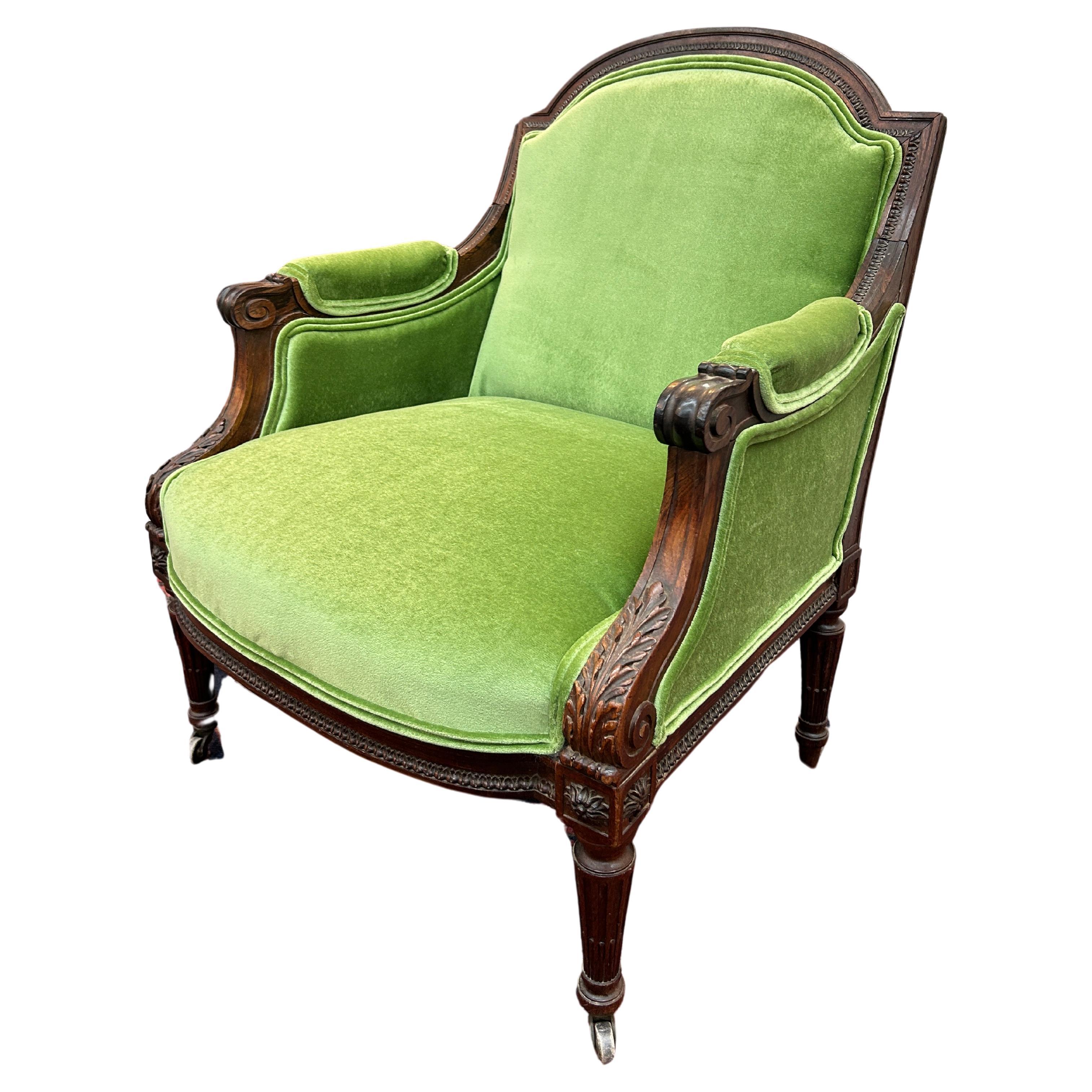 Chaise à accoudoirs en bois de rose du 19e siècle, de style Bergere français 