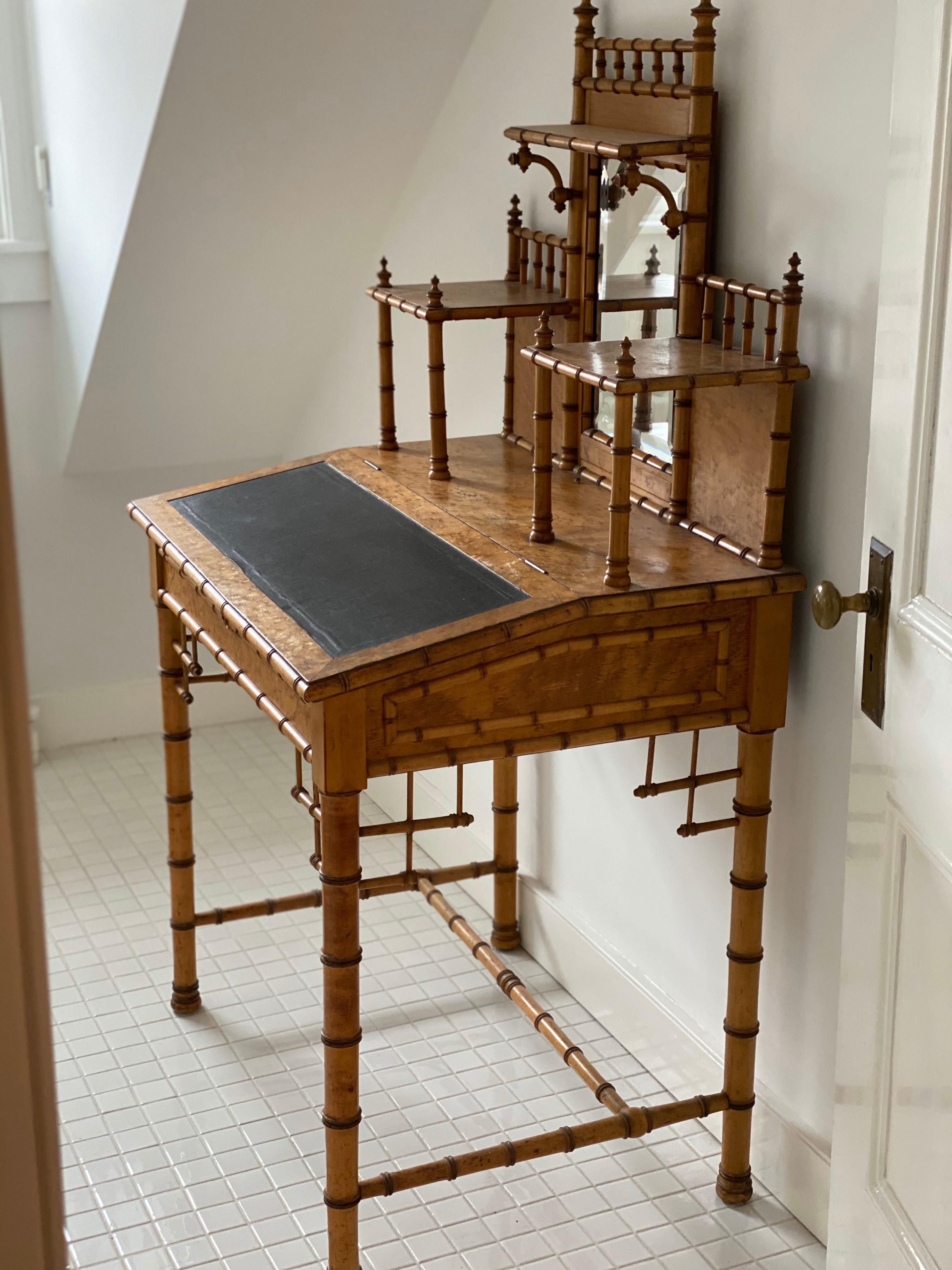 19th Century French Bird’s-Eye Maple Faux Bamboo Ladies Writing Desk In Good Condition In Southampton, NY