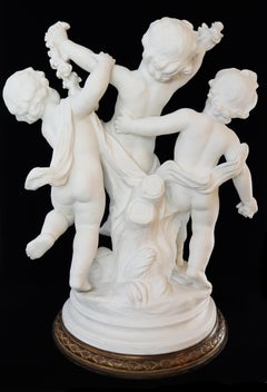 19th Century French Bisque Sculpture of 3 Cherubs, Signed Moreau