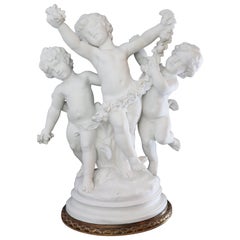 Antique 19th Century French Bisque Sculpture of 3 Cherubs, Signed Moreau