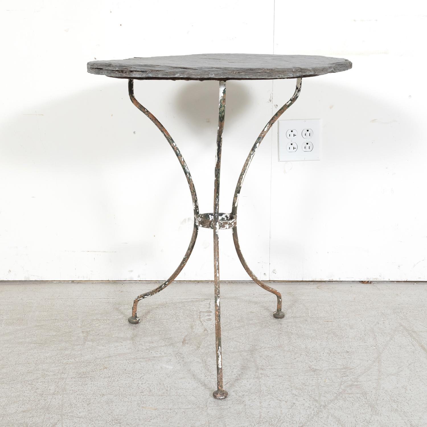 Painted 19th Century French Bistro or Garden Table with Round Slate Top and Iron Base For Sale