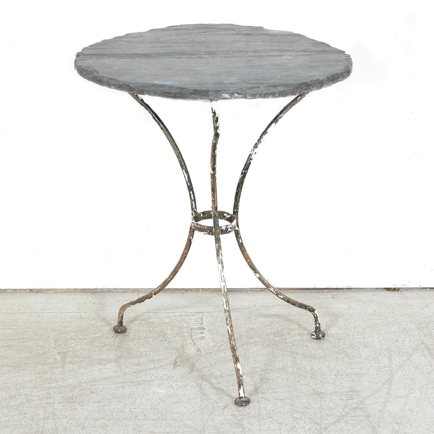 19th Century French Bistro or Garden Table with Round Slate Top and Iron Base In Good Condition For Sale In Birmingham, AL