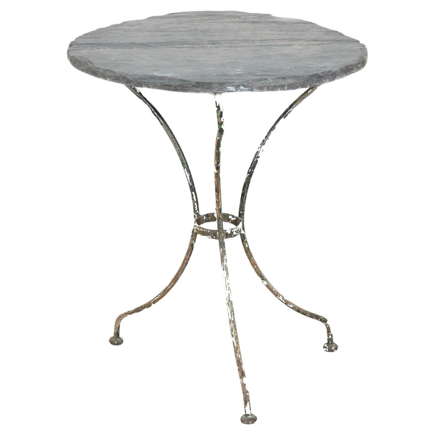 19th Century French Bistro or Garden Table with Round Slate Top and Iron Base For Sale