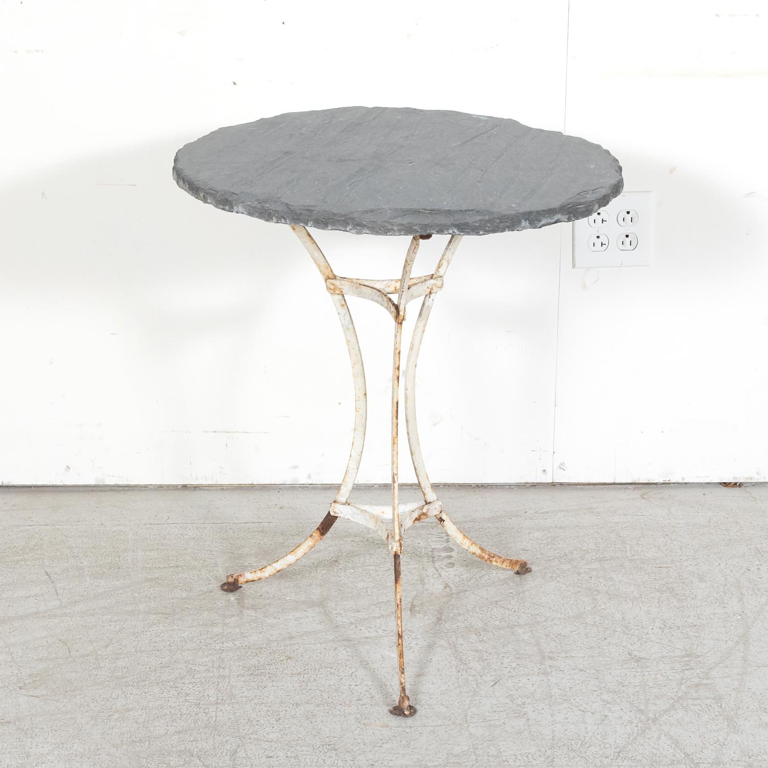 Painted 19th Century French Bistro or Garden Table with Round Slate Top and White Paint For Sale