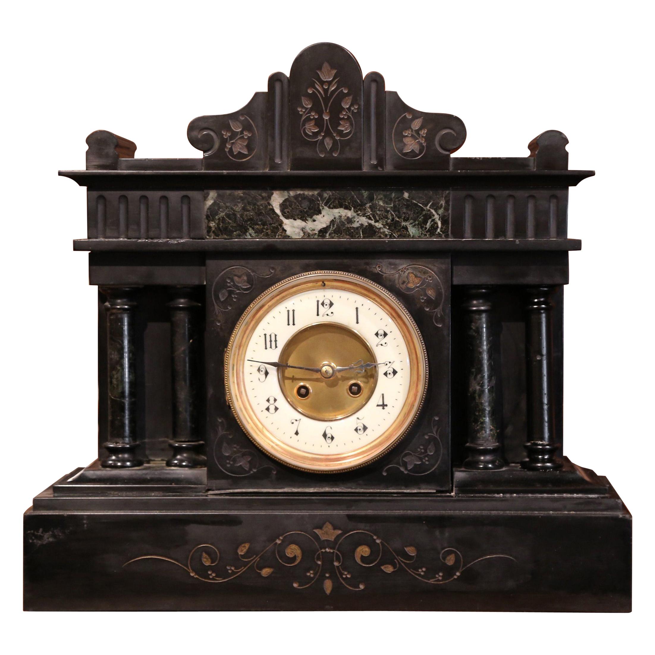 19th Century French Black and Green Inlay Marble Mantel Clock