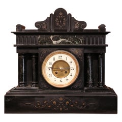 Antique 19th Century French Black and Green Inlay Marble Mantel Clock