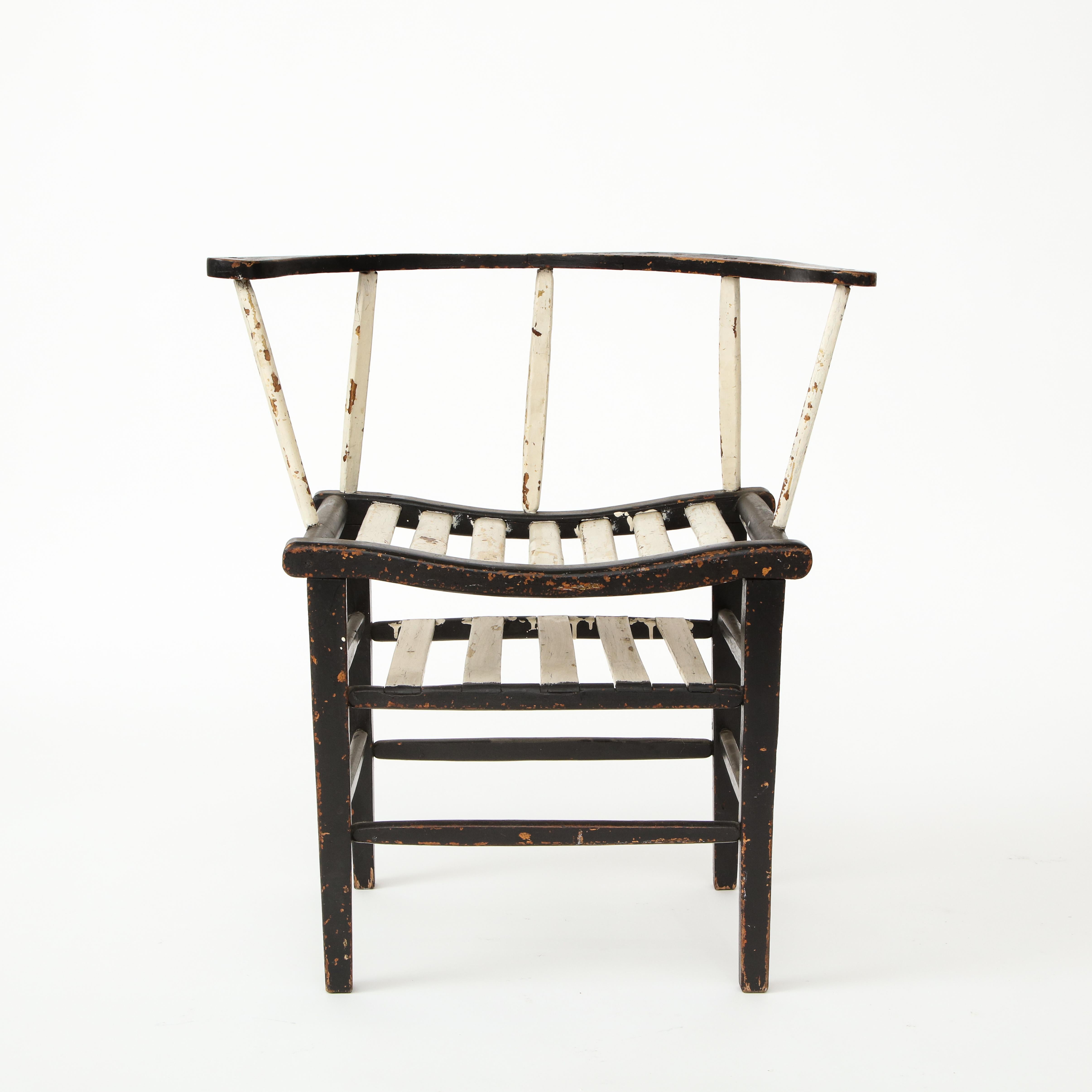 French Provincial Sculptural Painted Black and White Rustic Armchair, France 19th Century