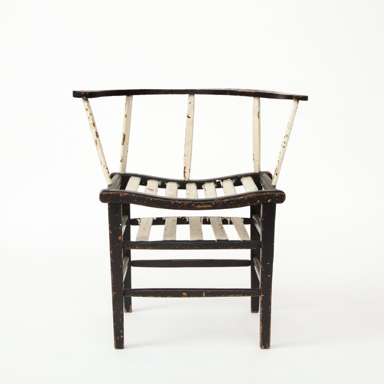 French Provincial Sculptural Painted Black and White Rustic Armchair, France 19th Century For Sale