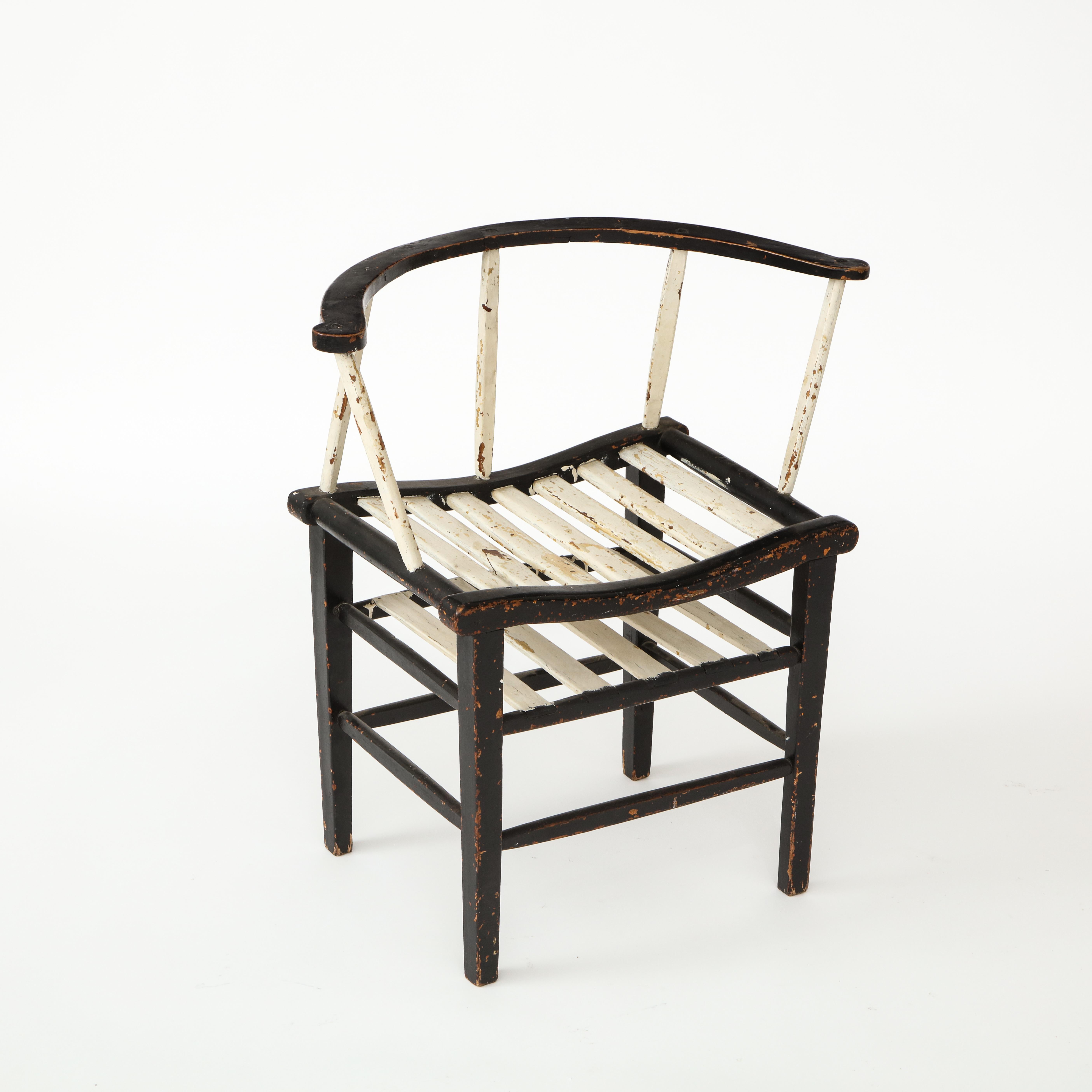 French Sculptural Painted Black and White Rustic Armchair, France 19th Century