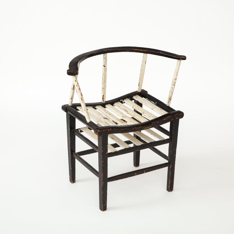 French Sculptural Painted Black and White Rustic Armchair, France 19th Century For Sale