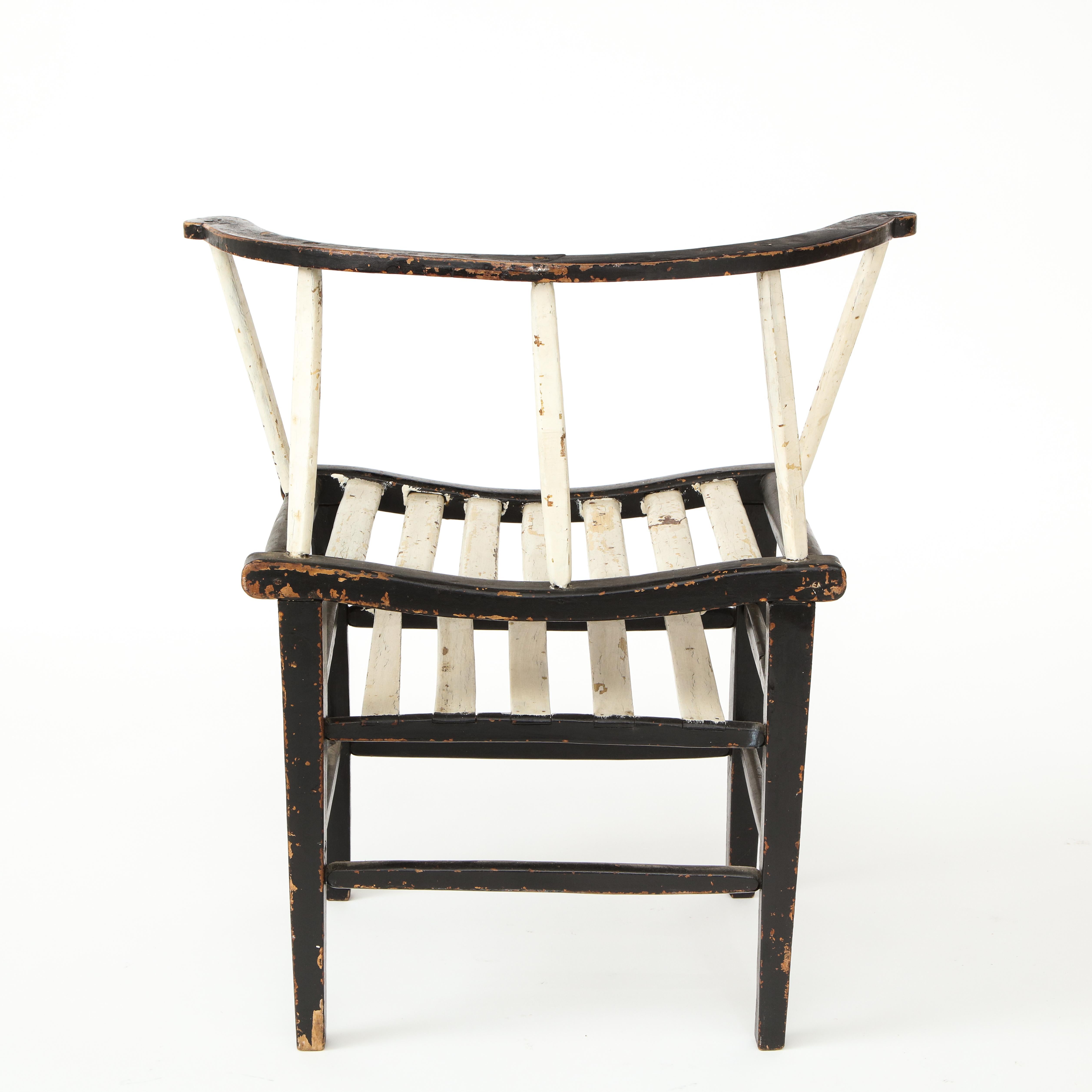 Sculptural Painted Black and White Rustic Armchair, France 19th Century 1