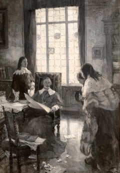 Pintura francesa en blanco y negro del siglo XIX en marco dorado firmada Leon Fauret