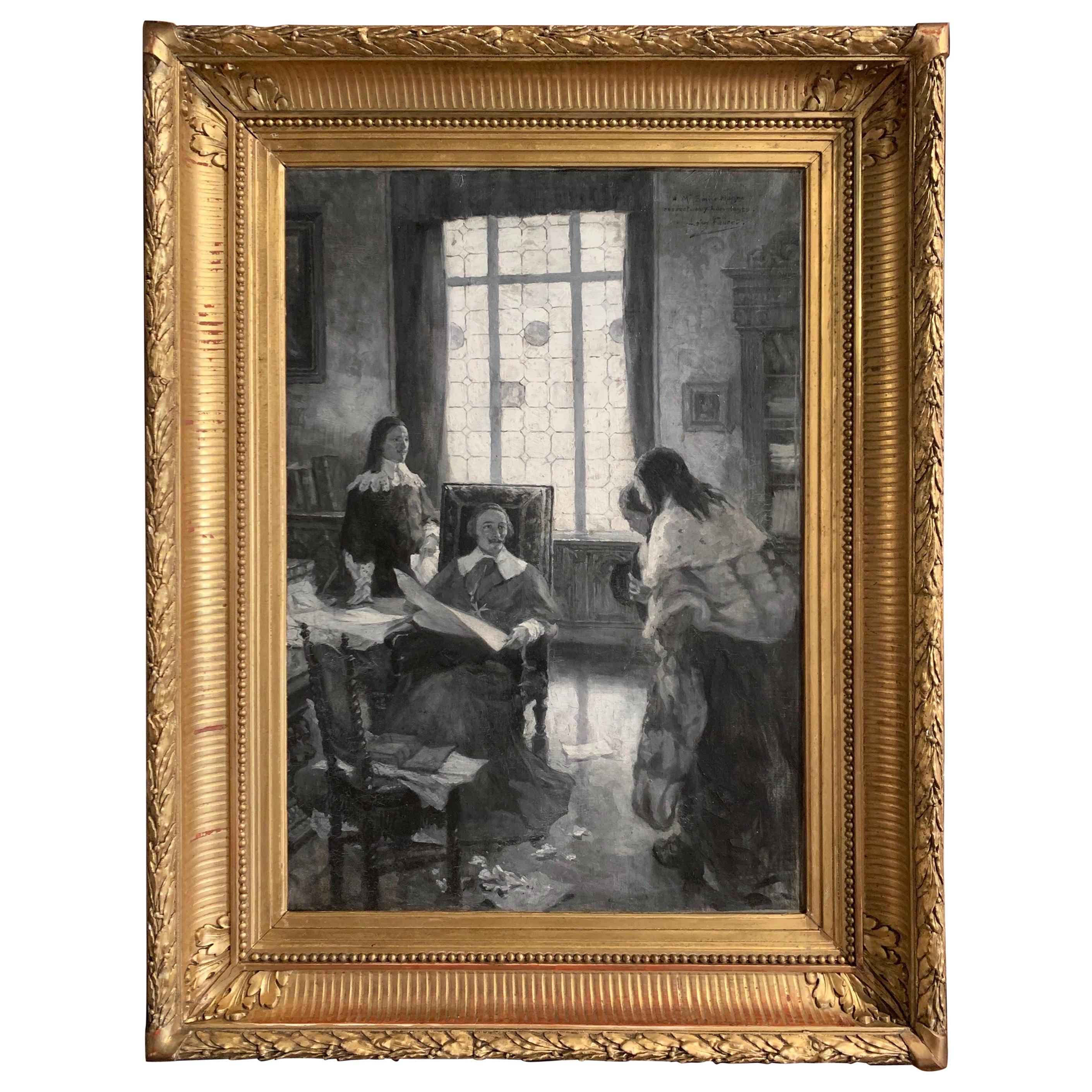 19th Century French Black and White Painting in Gilt Frame Signed Leon Fauret For Sale