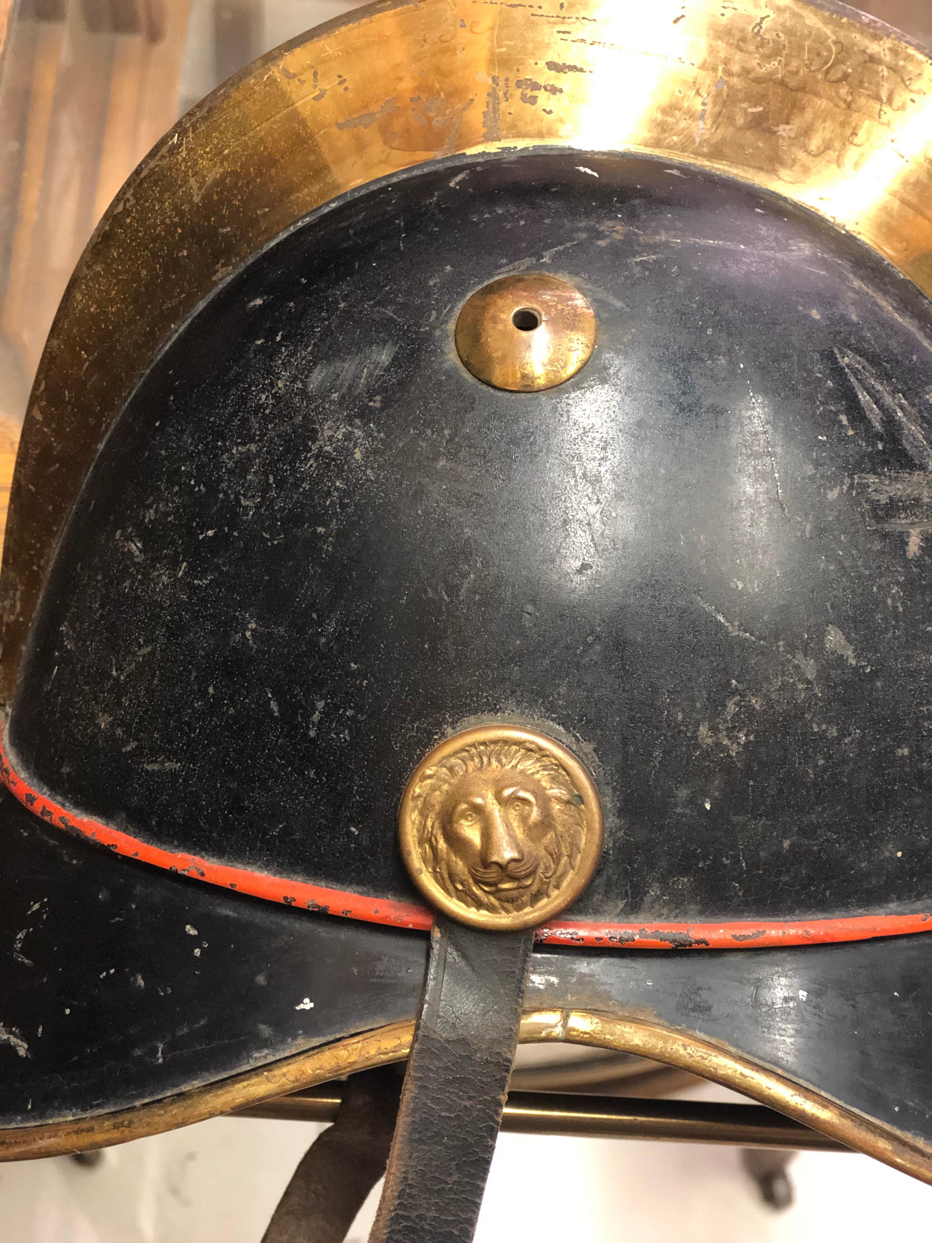 19th Century French Black Brass Firemen's Helmet with Lion's Heads In Good Condition In Sofia, BG