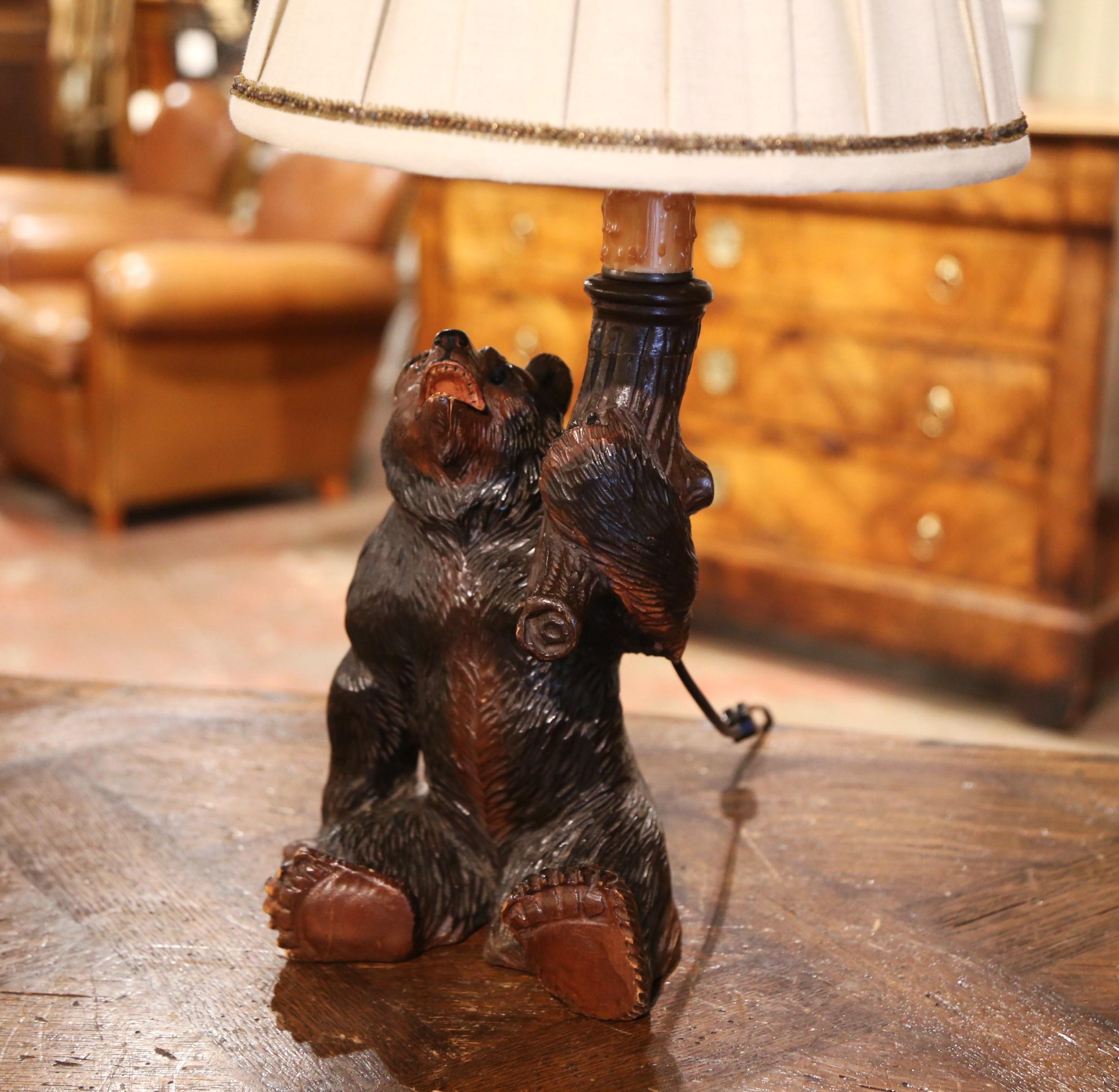Hand-Carved 19th Century French Black Forest Carved Bear Table Lamp with Custom Shade