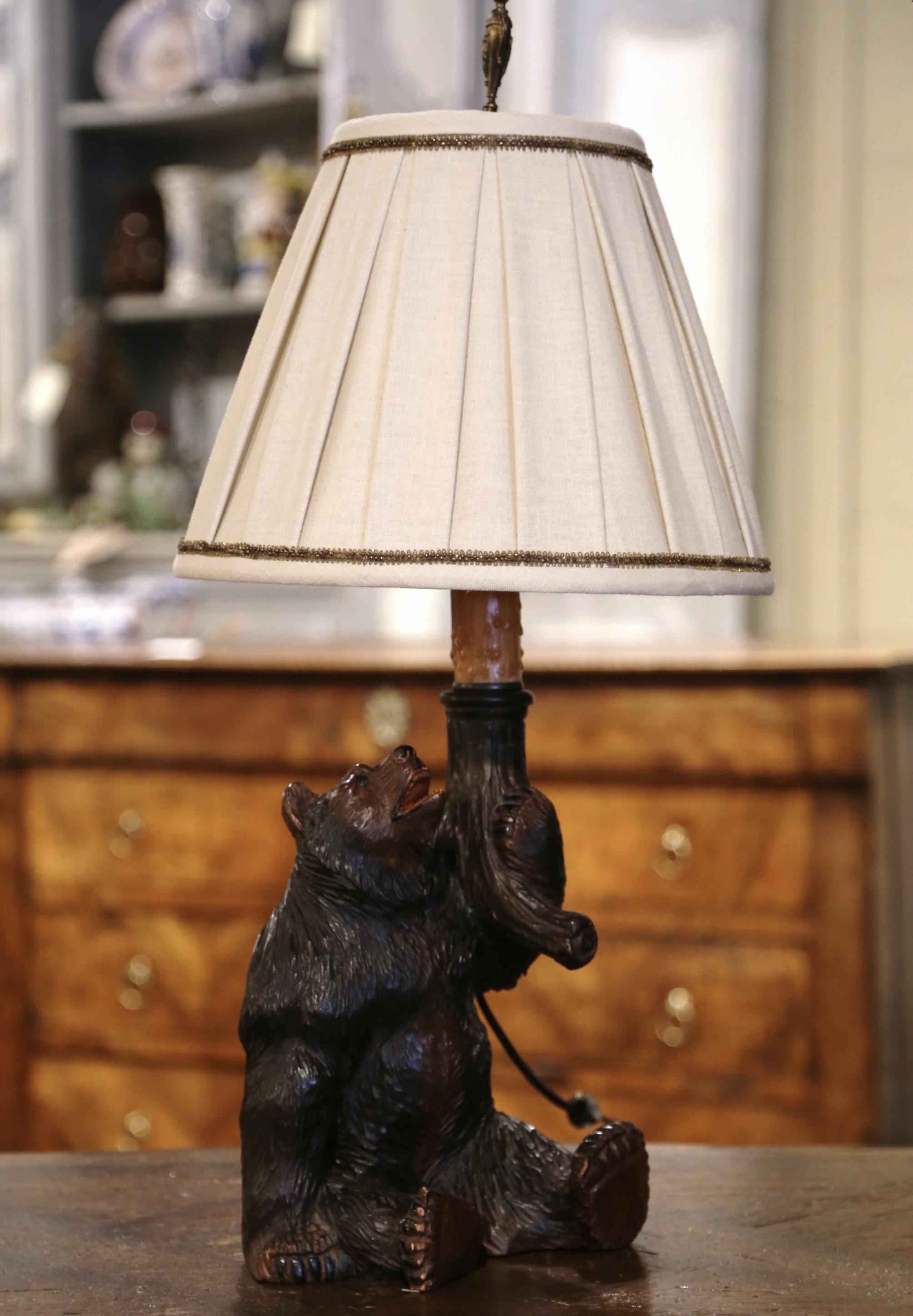 Oak 19th Century French Black Forest Carved Bear Table Lamp with Custom Shade