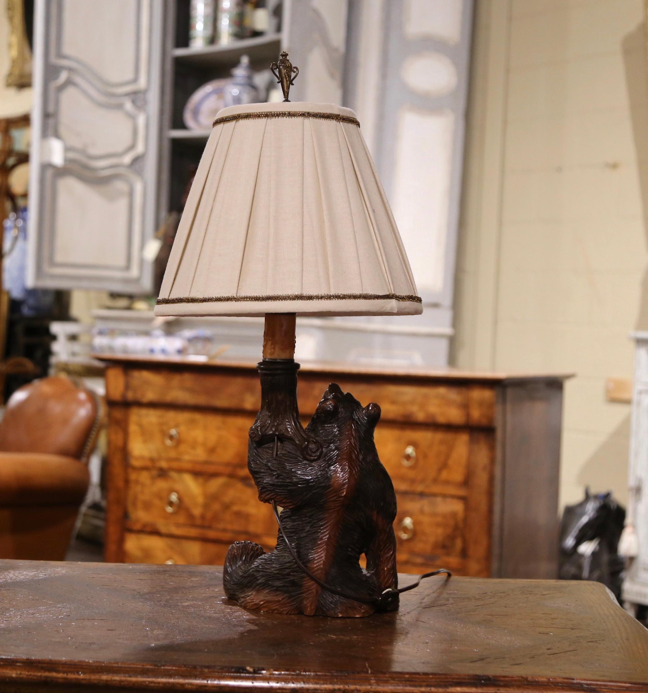 19th Century French Black Forest Carved Bear Table Lamp with Custom Shade 1