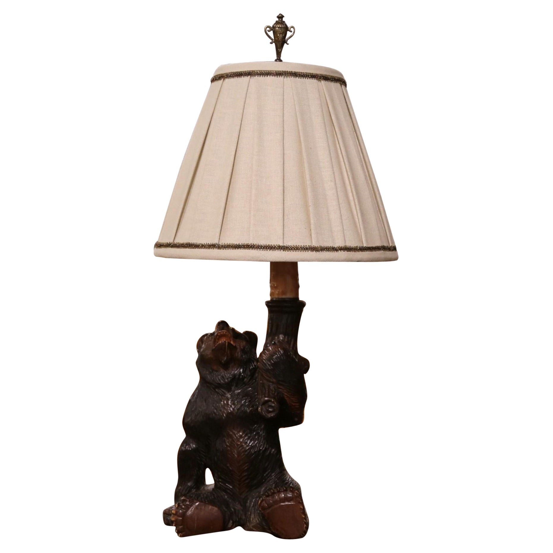 19th Century French Black Forest Carved Bear Table Lamp with Custom Shade