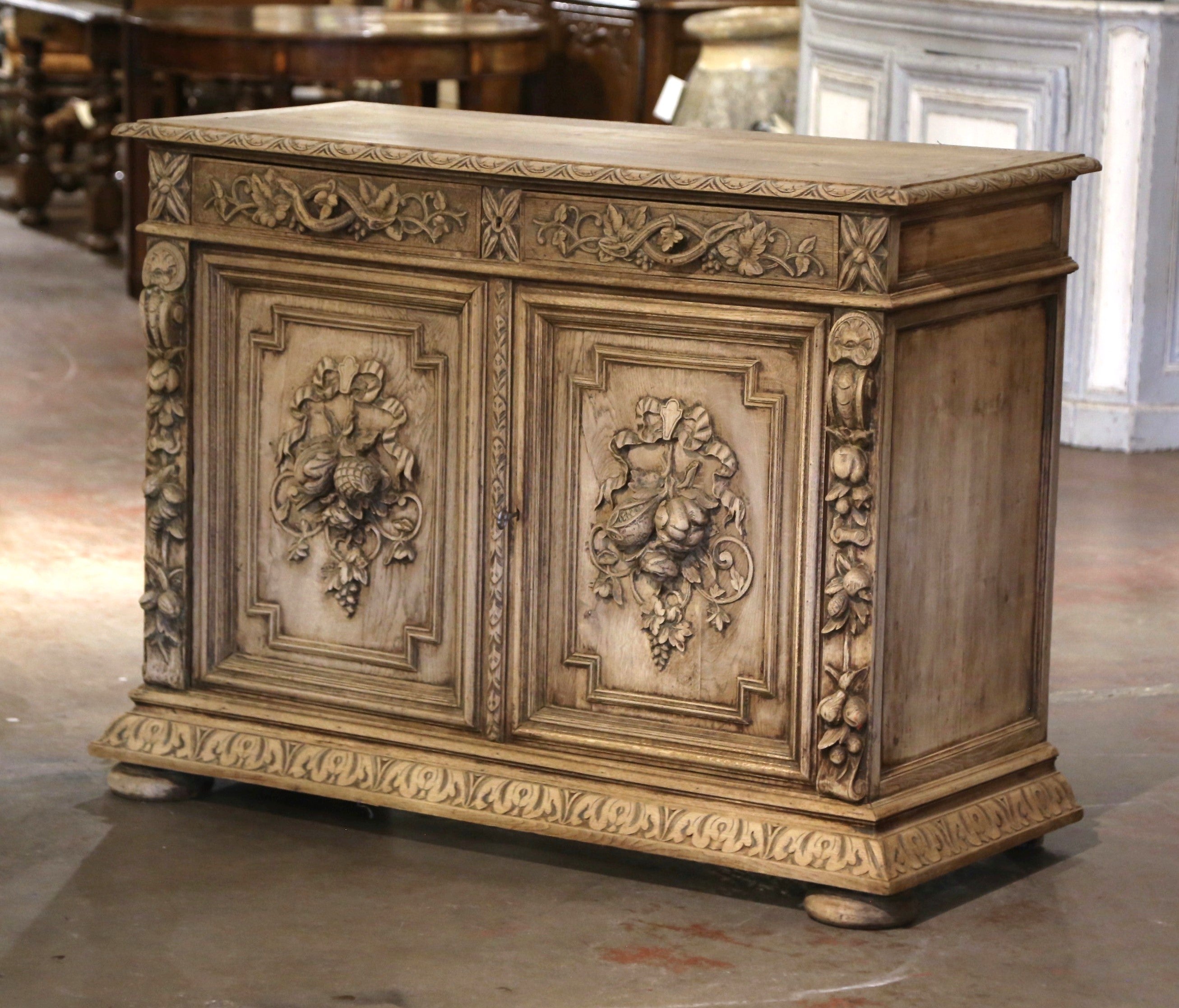 19th Century French Black Forest Carved Bleached Oak Buffet with Floral Motifs