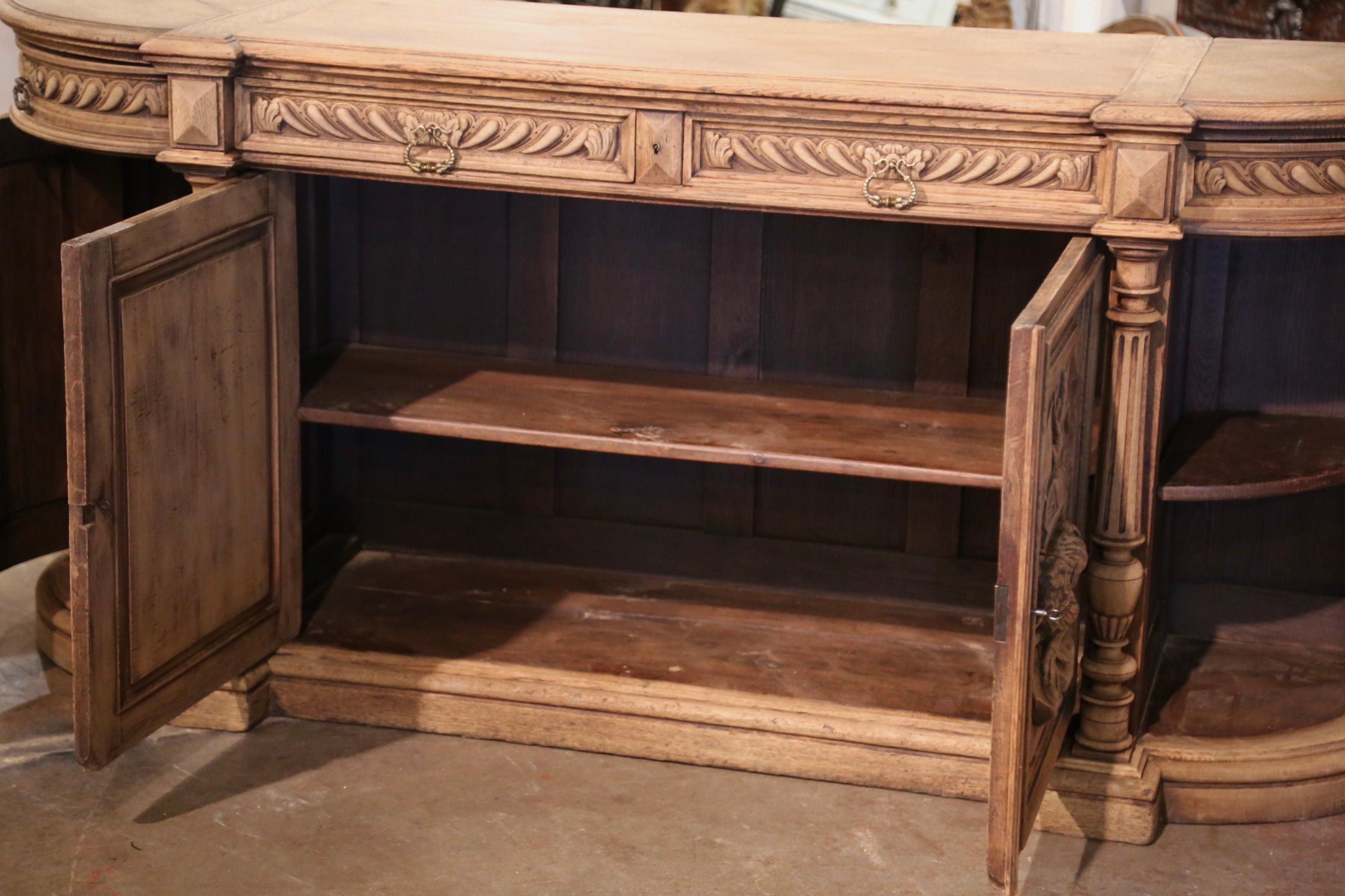 19th Century French Black Forest Carved Bleached Oak Four-Door Buffet Enfilade For Sale 7