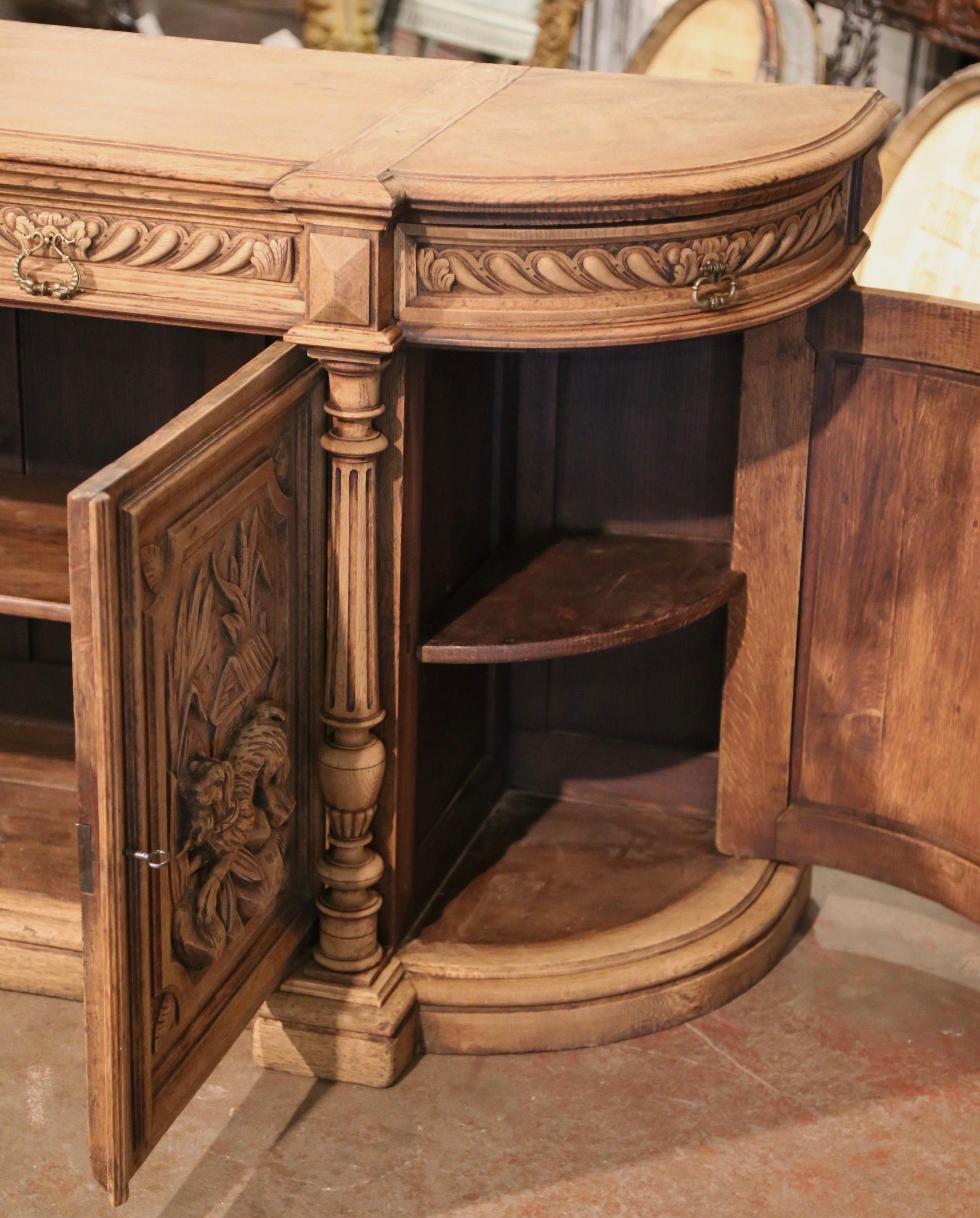 19th Century French Black Forest Carved Bleached Oak Four-Door Buffet Enfilade For Sale 8