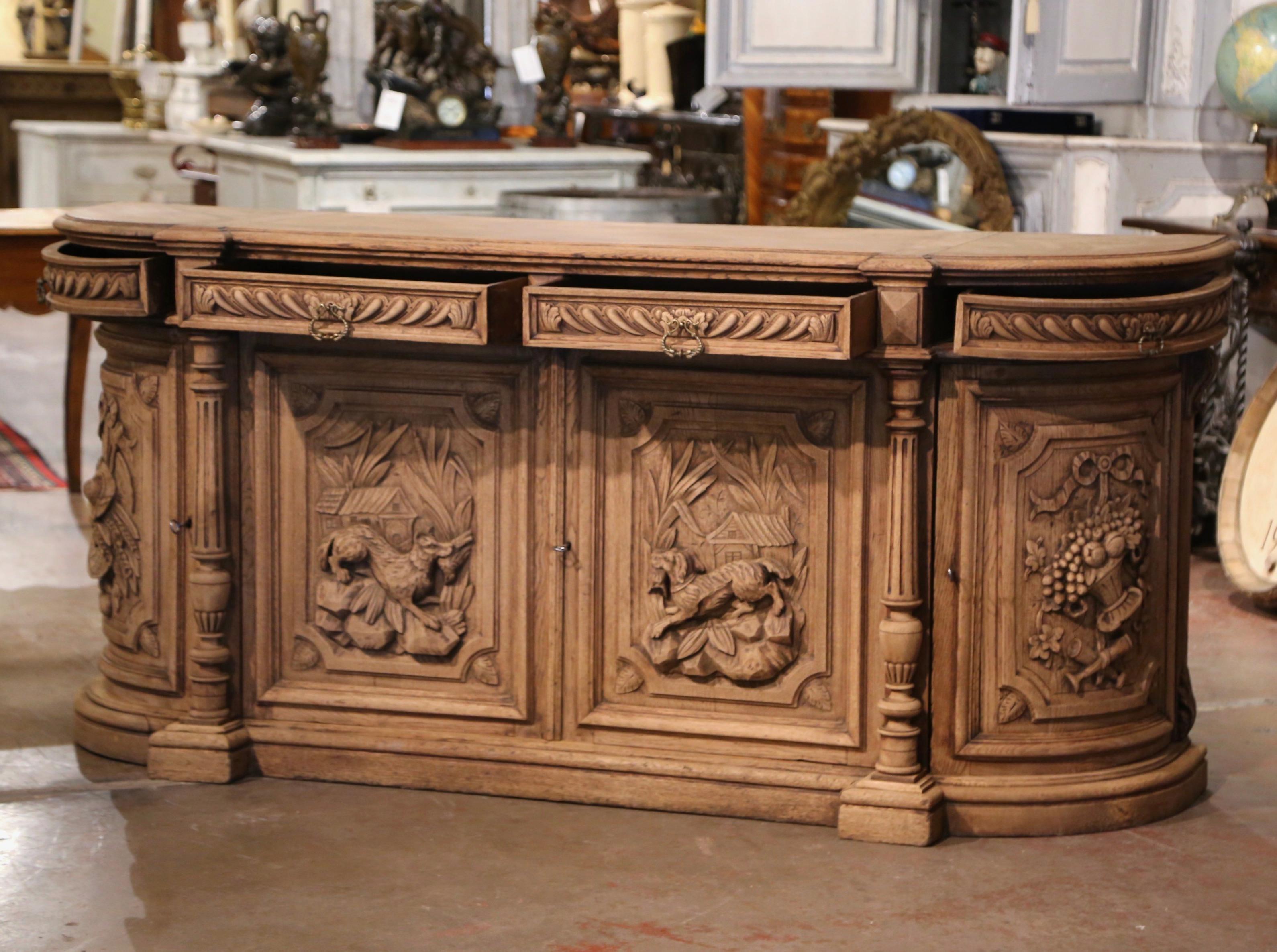 19th Century French Black Forest Carved Bleached Oak Four-Door Buffet Enfilade 9