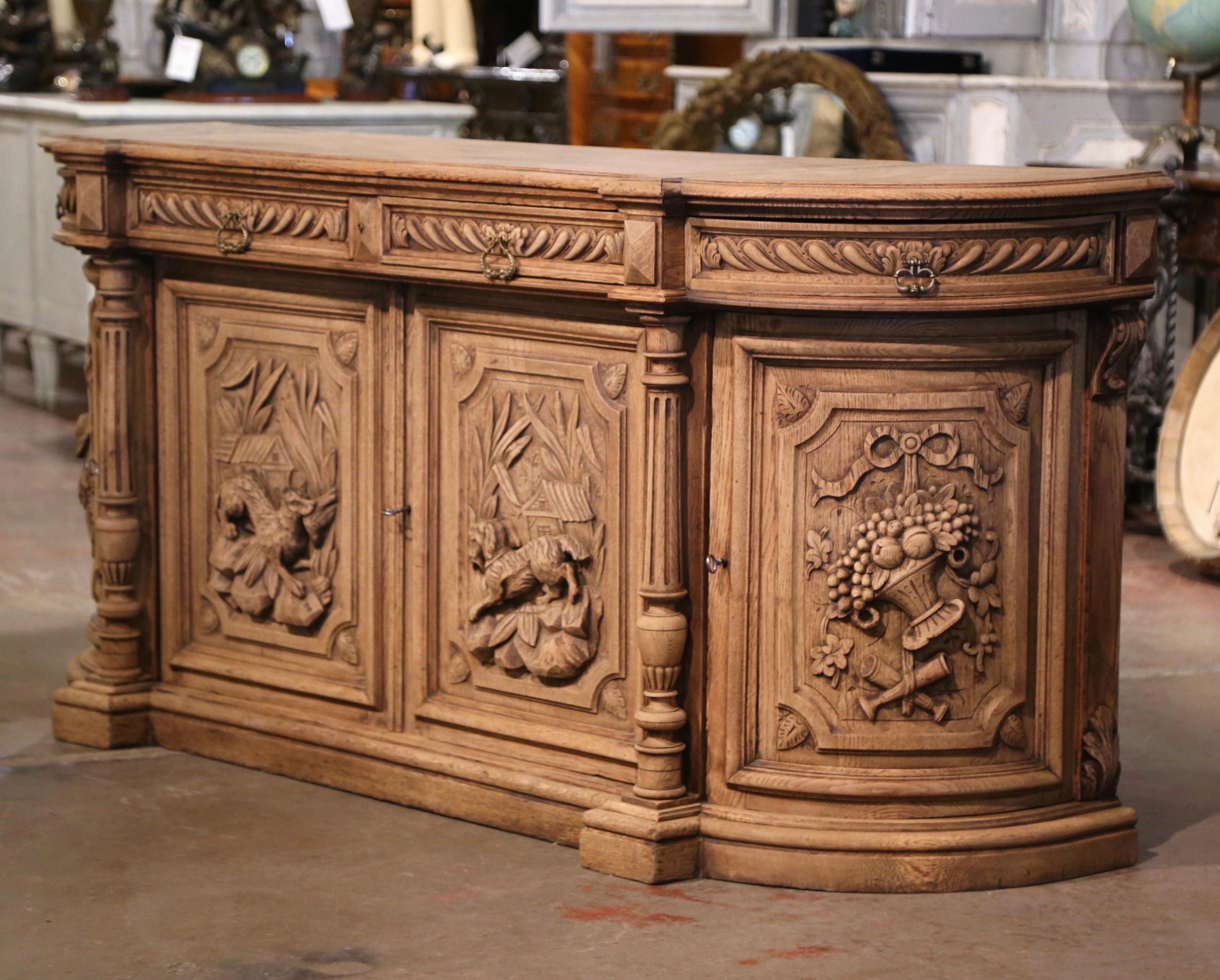 19th Century French Black Forest Carved Bleached Oak Four-Door Buffet Enfilade 11