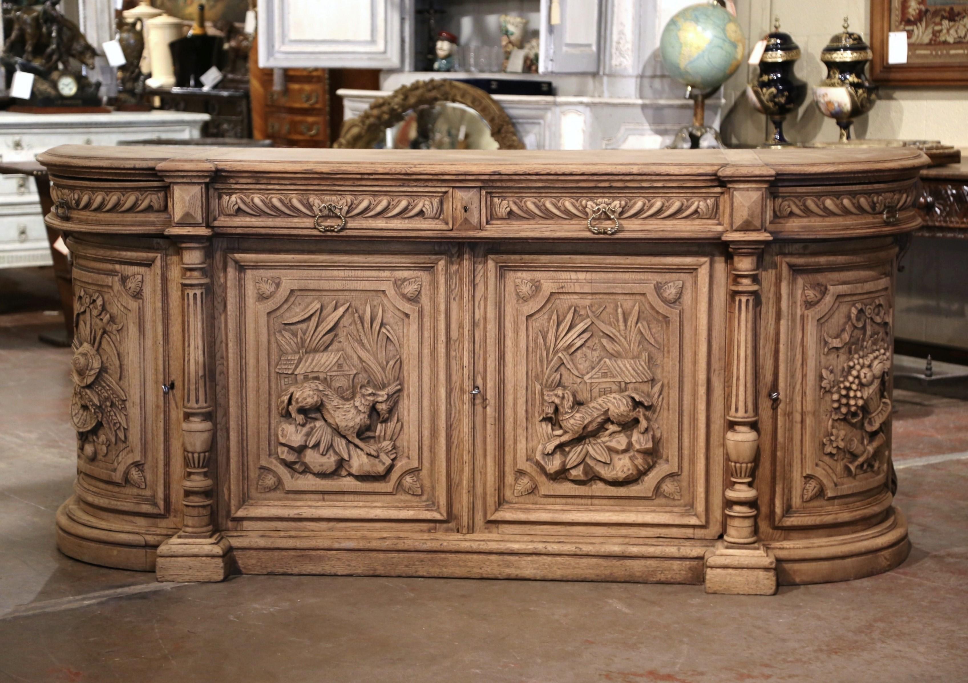 19th Century French Black Forest Carved Bleached Oak Four-Door Buffet Enfilade 2