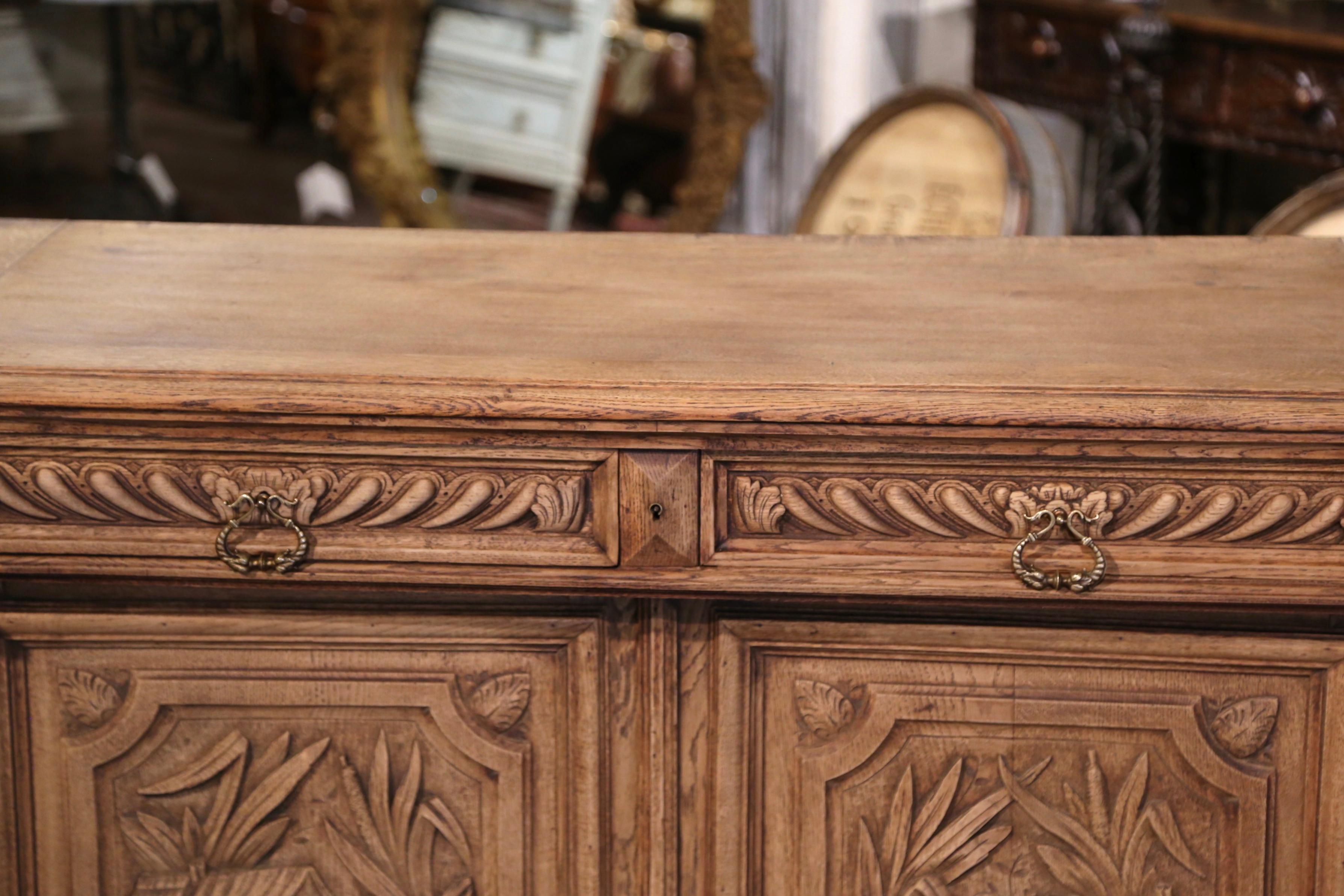 19th Century French Black Forest Carved Bleached Oak Four-Door Buffet Enfilade For Sale 3