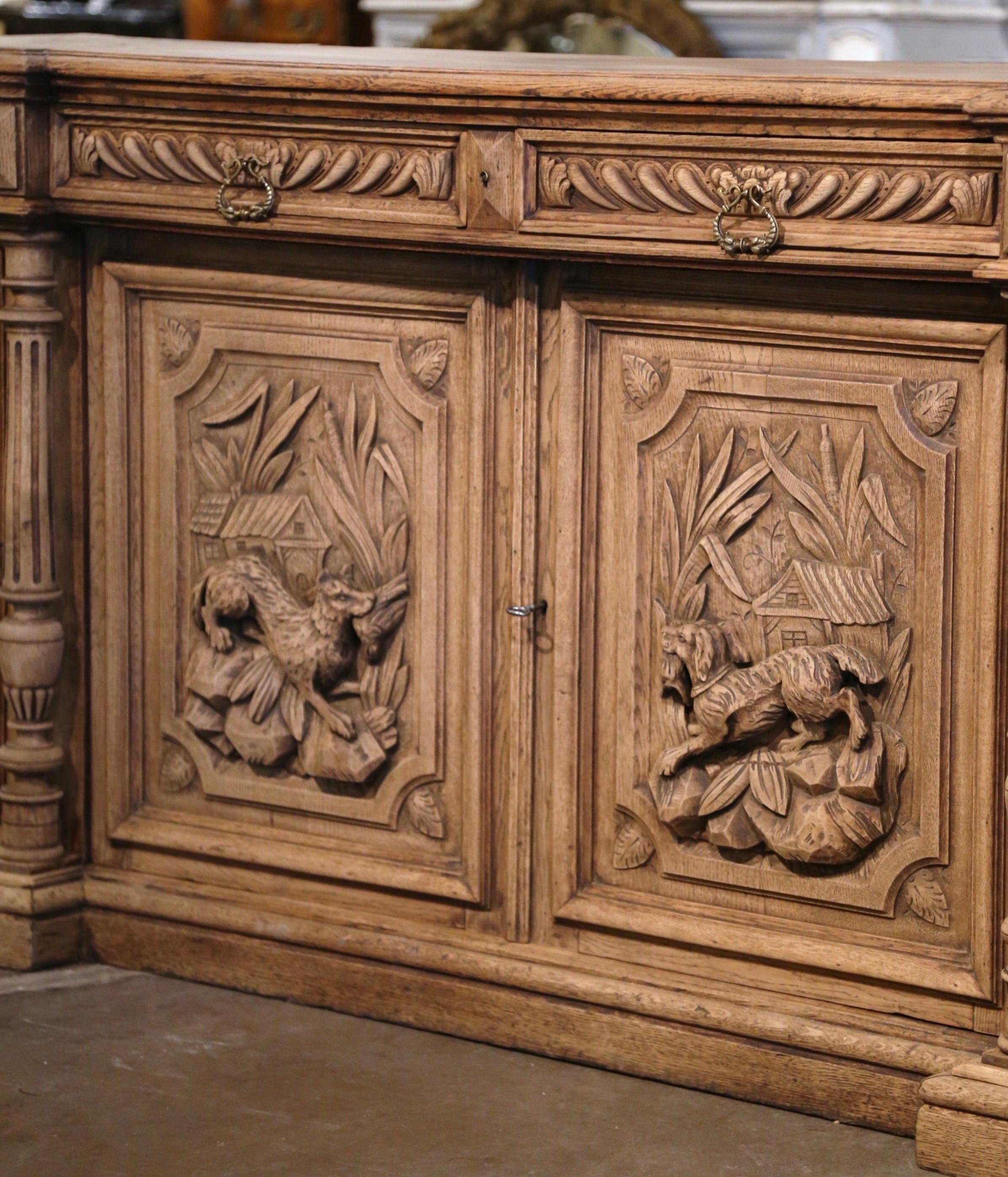 19th Century French Black Forest Carved Bleached Oak Four-Door Buffet Enfilade For Sale 4