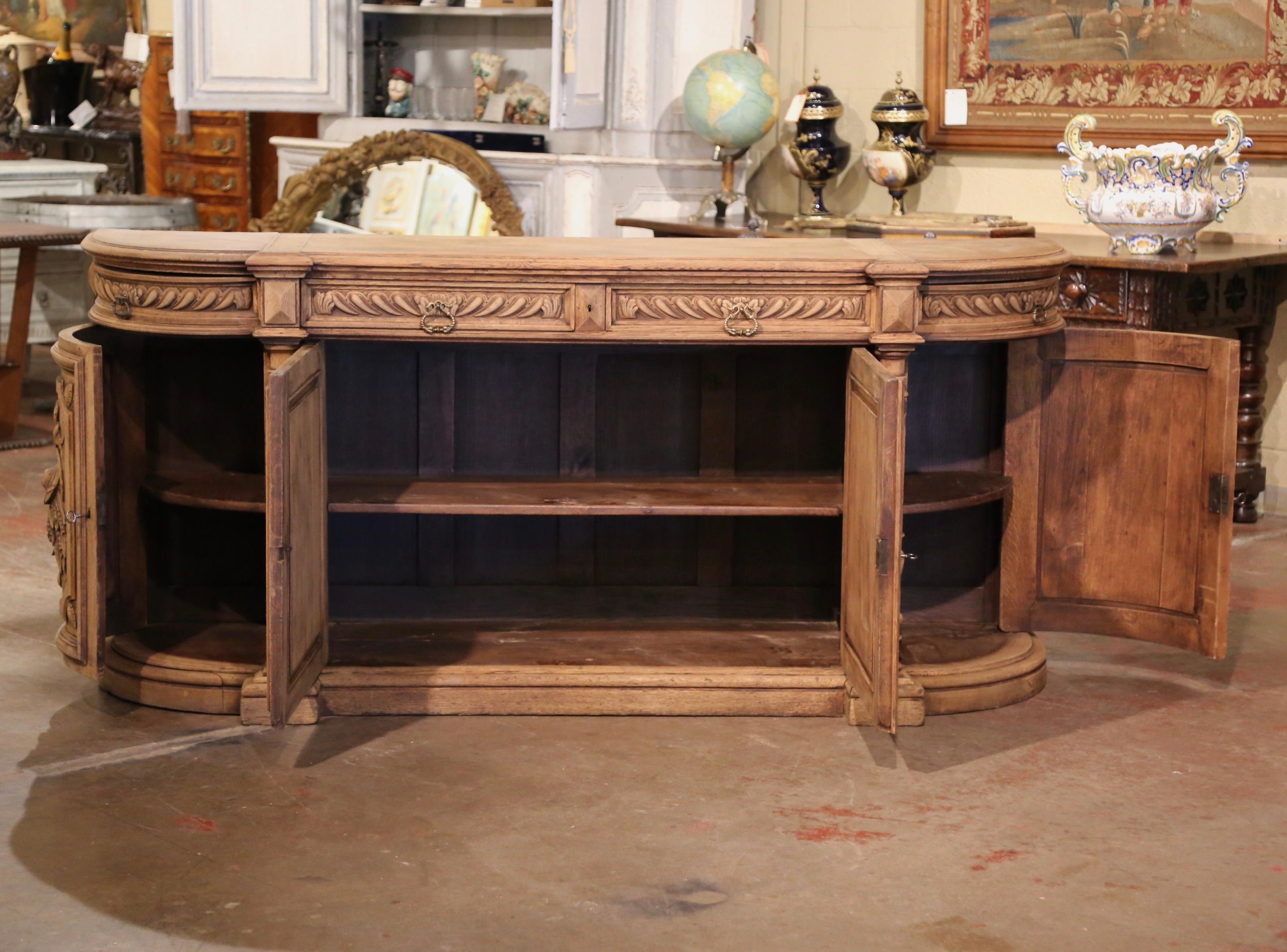19th Century French Black Forest Carved Bleached Oak Four-Door Buffet Enfilade For Sale 5