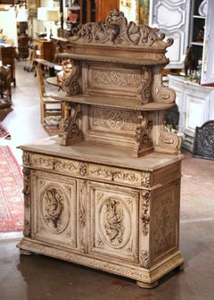 19th Century French Black Forest Carved Bleached Oak Hunt Buffet Desserte