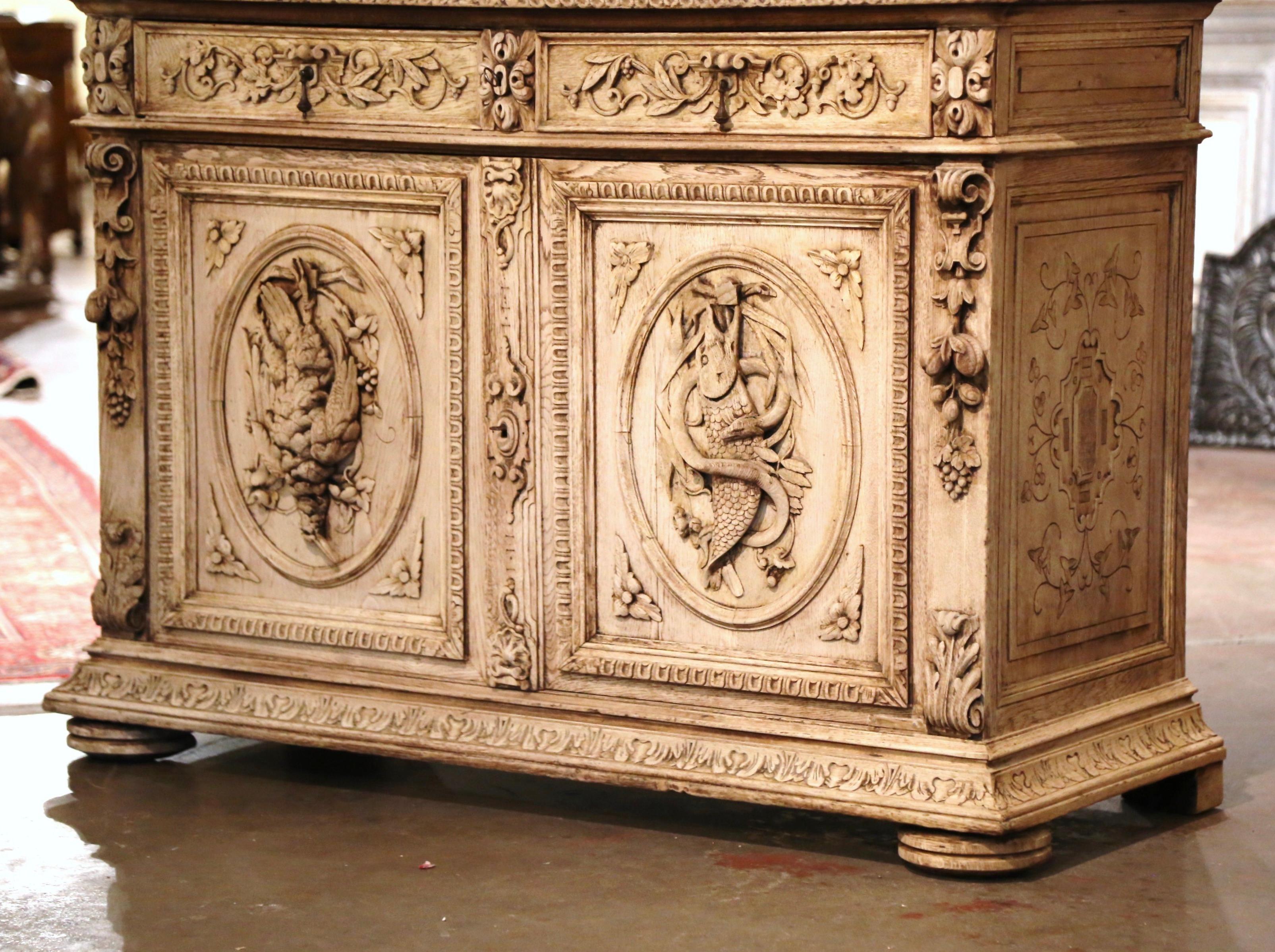 19th Century French Black Forest Carved Bleached Oak Hunt Buffet Desserte In Excellent Condition In Dallas, TX