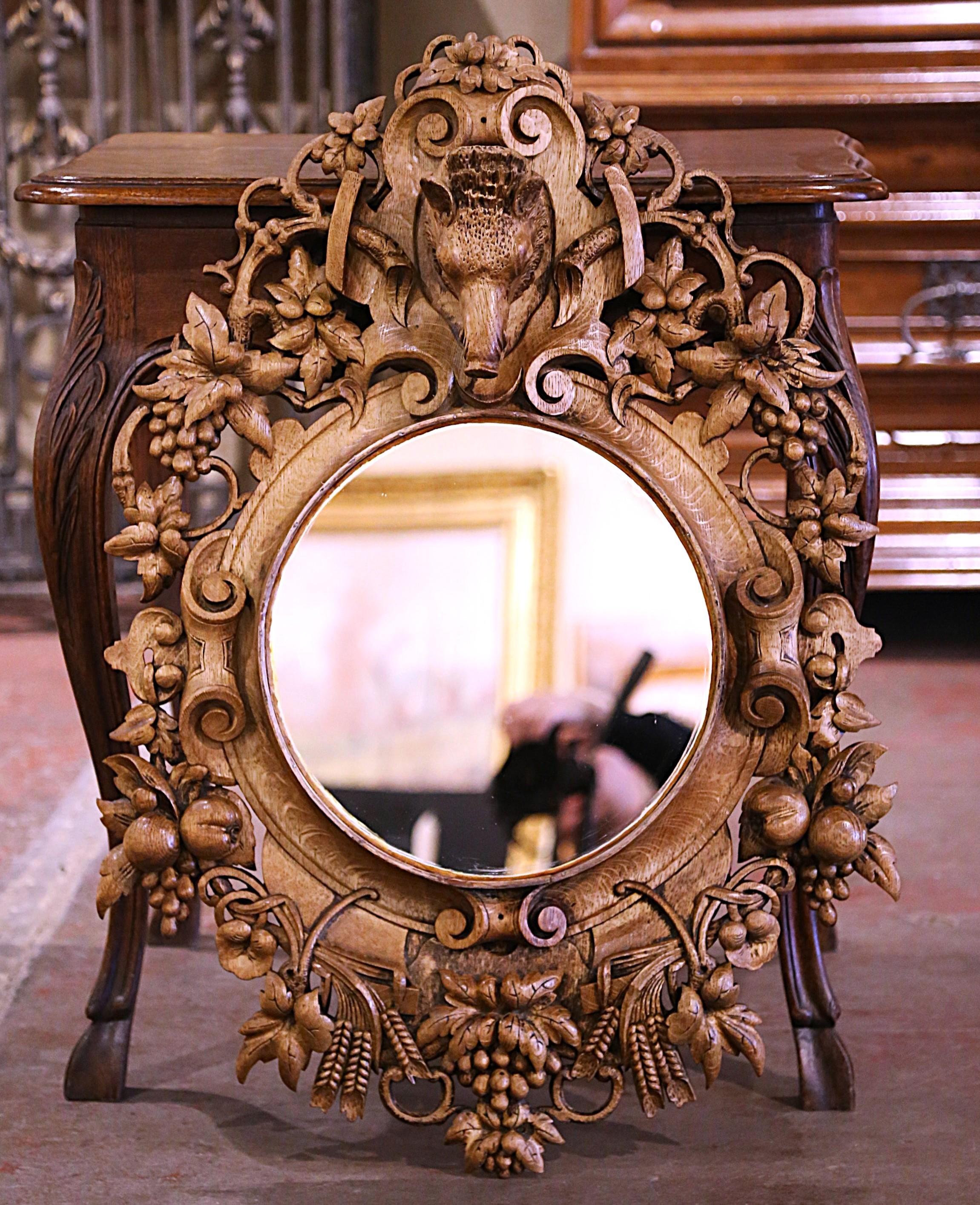 19th Century French Black Forest Carved Bleached Oak Wall Mirror with Boar Head 1