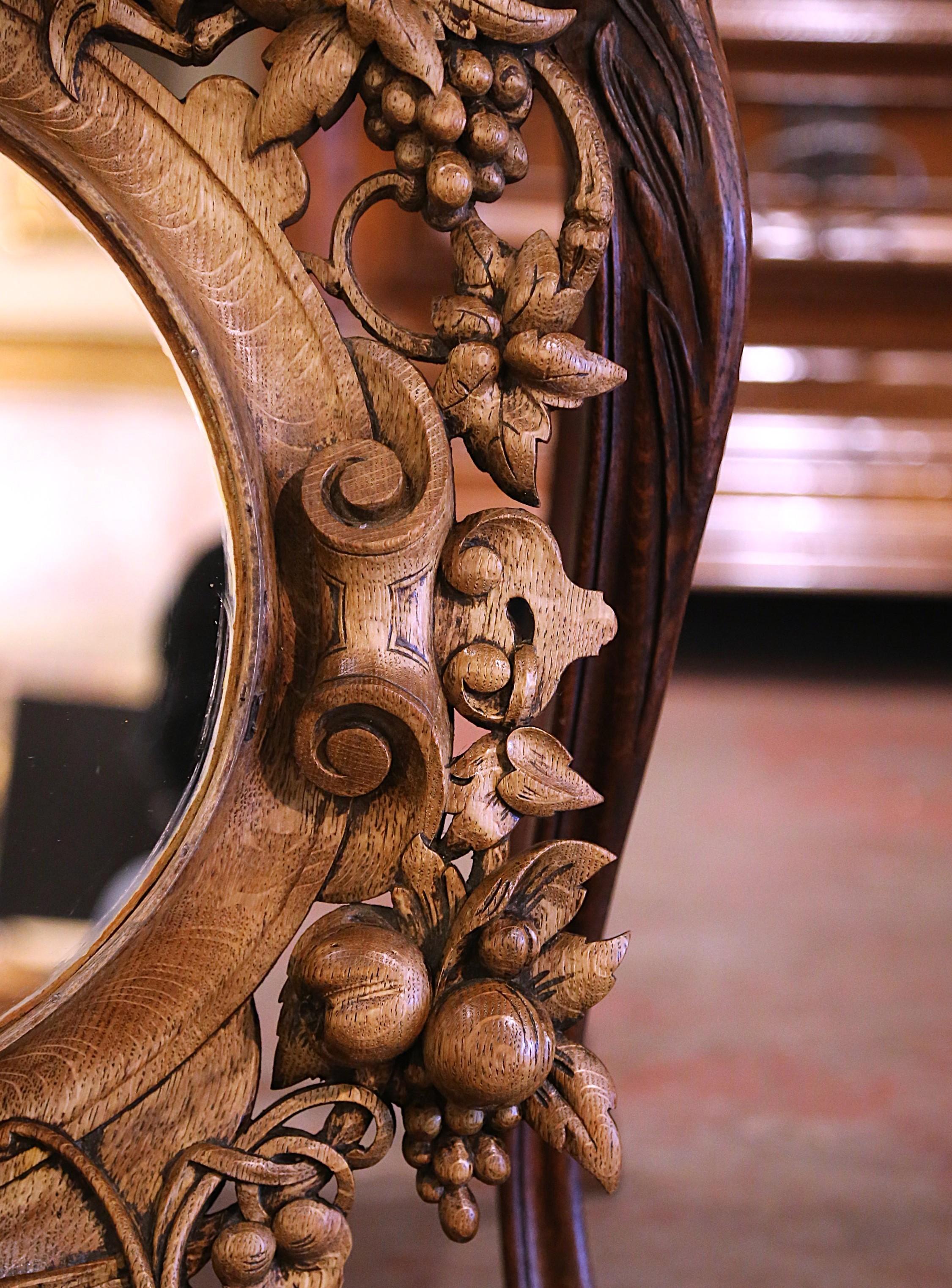 19th Century French Black Forest Carved Bleached Oak Wall Mirror with Boar Head 2