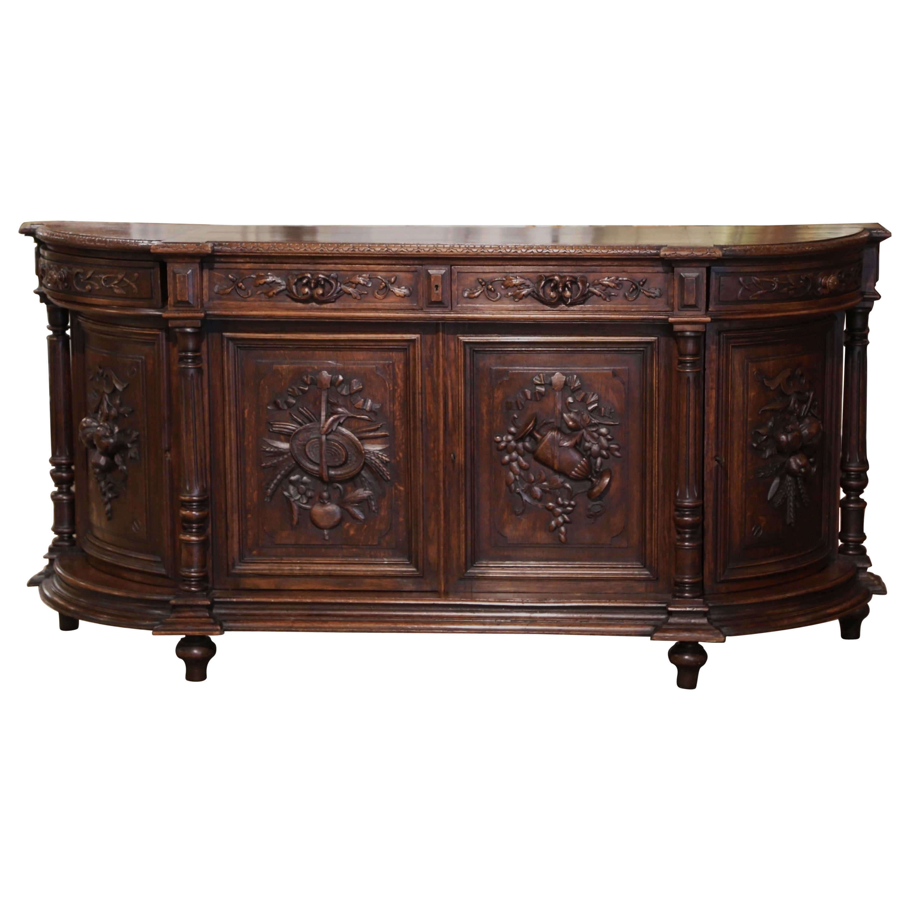19th Century French Black Forest Carved Oak Four-Door Buffet Enfilade