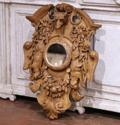 19th Century French Black Forest Carved Oak Hunting Wall Plaque with Mirror