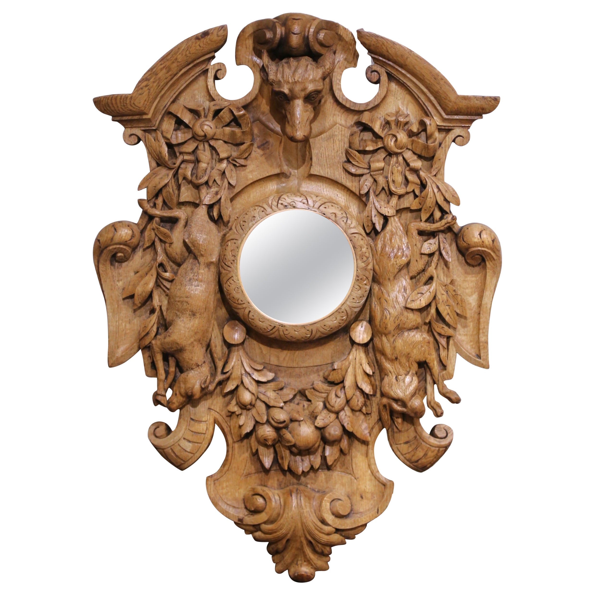 19th Century French Black Forest Carved Oak Hunting Wall Plaque with Mirror