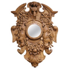 19th Century French Black Forest Carved Oak Hunting Wall Plaque with Mirror 19th Century French Black Forest Carved Oak Hunting Wall Plaque with Mirror