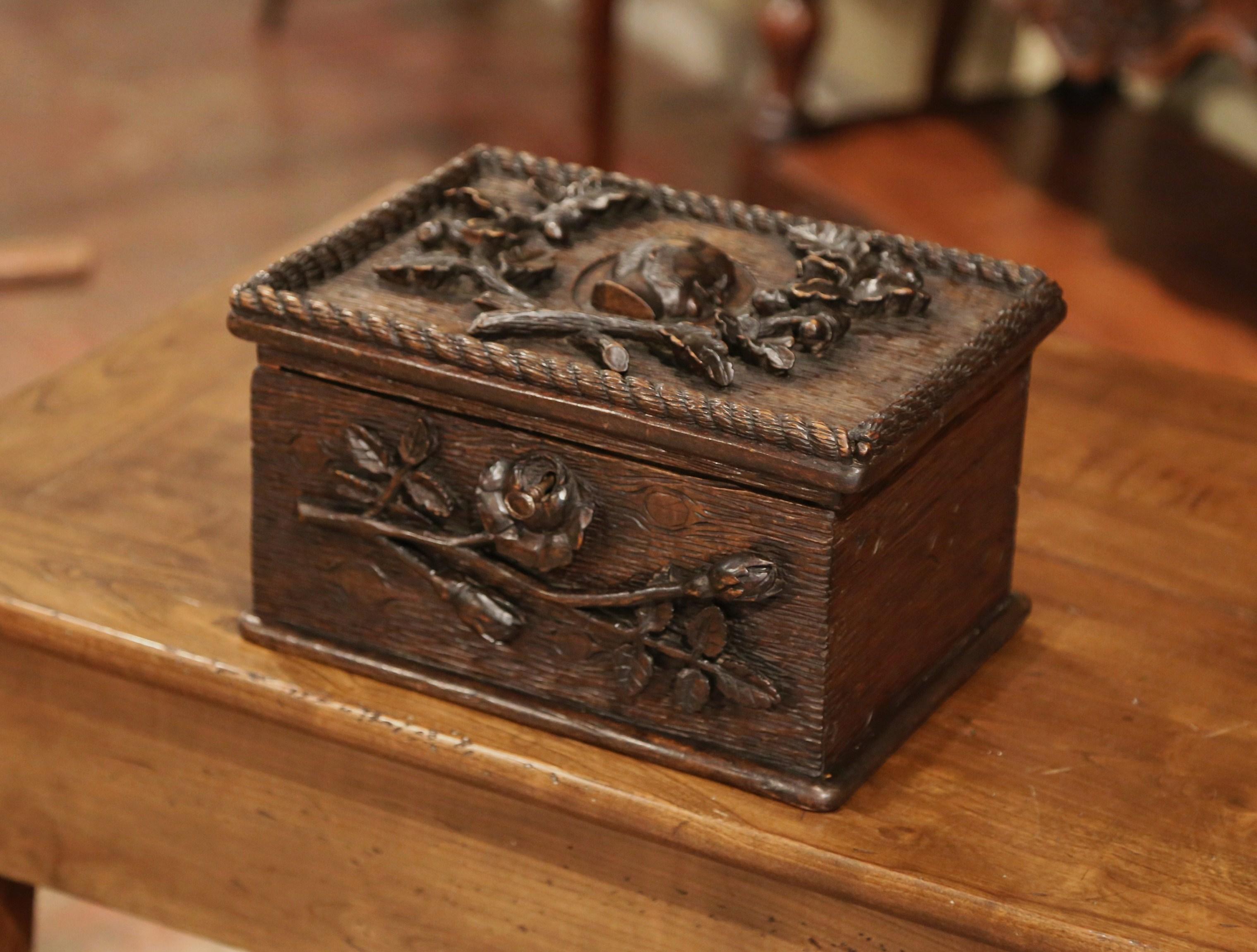 Hand-Carved 19th Century French Black Forest Carved Oak Letter Box with Foliage Decor