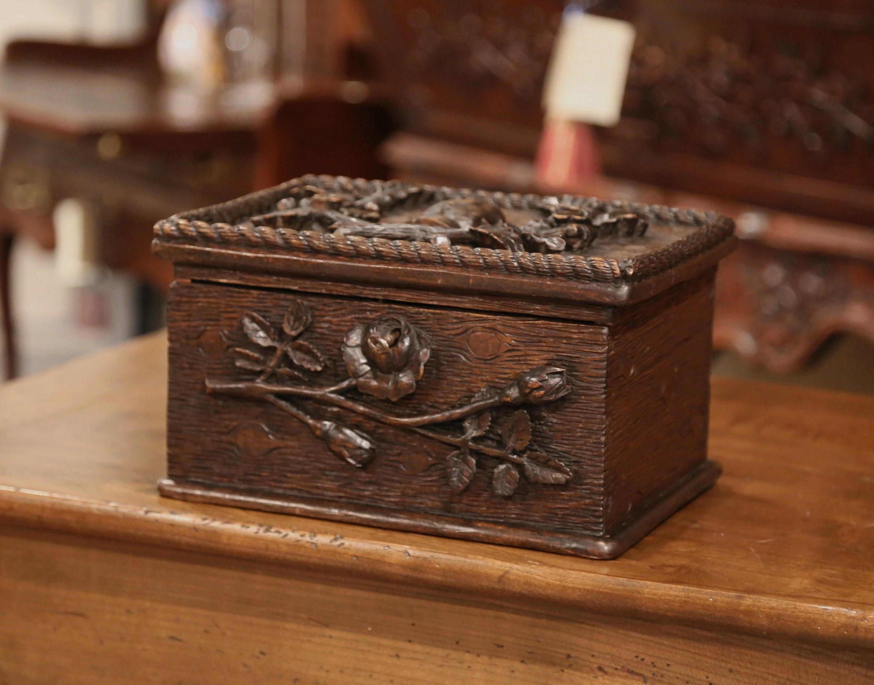 19th Century French Black Forest Carved Oak Letter Box with Foliage Decor 1