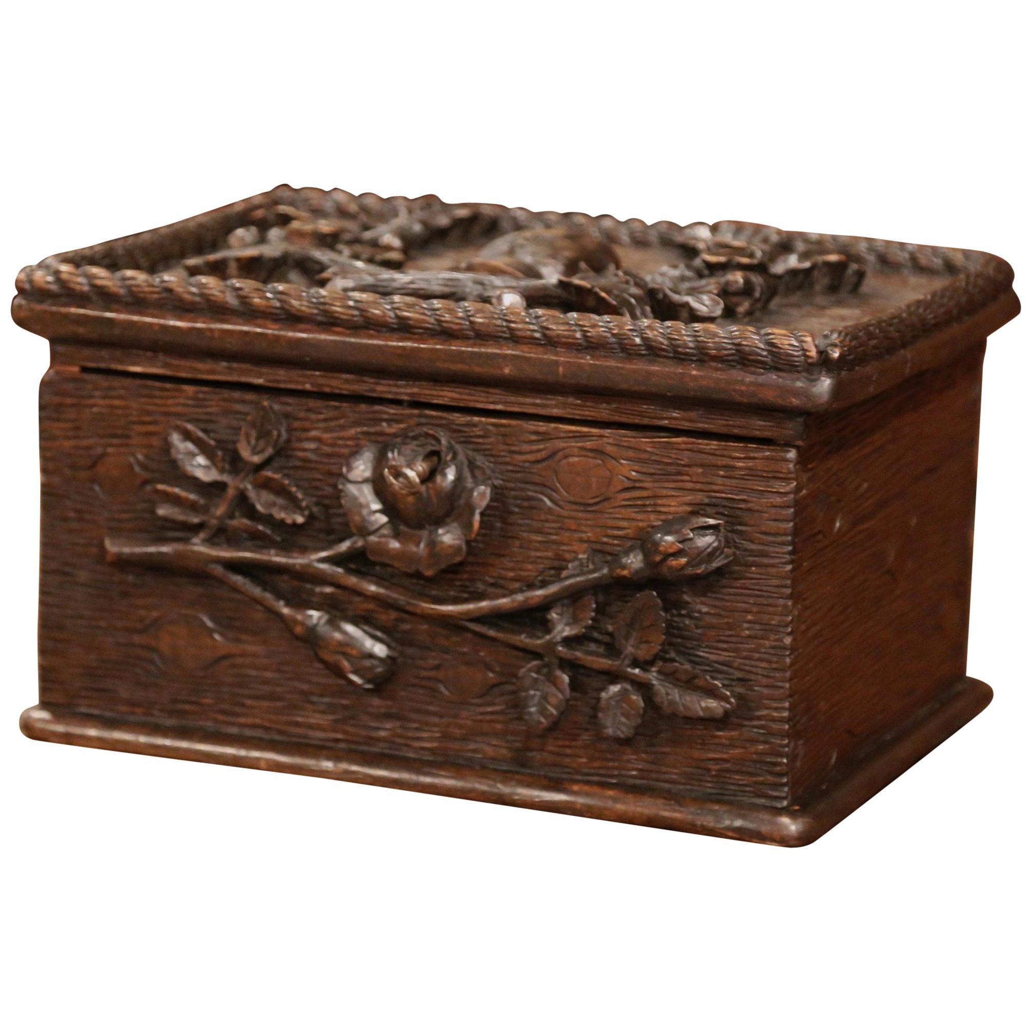 19th Century French Black Forest Carved Oak Letter Box with Foliage Decor