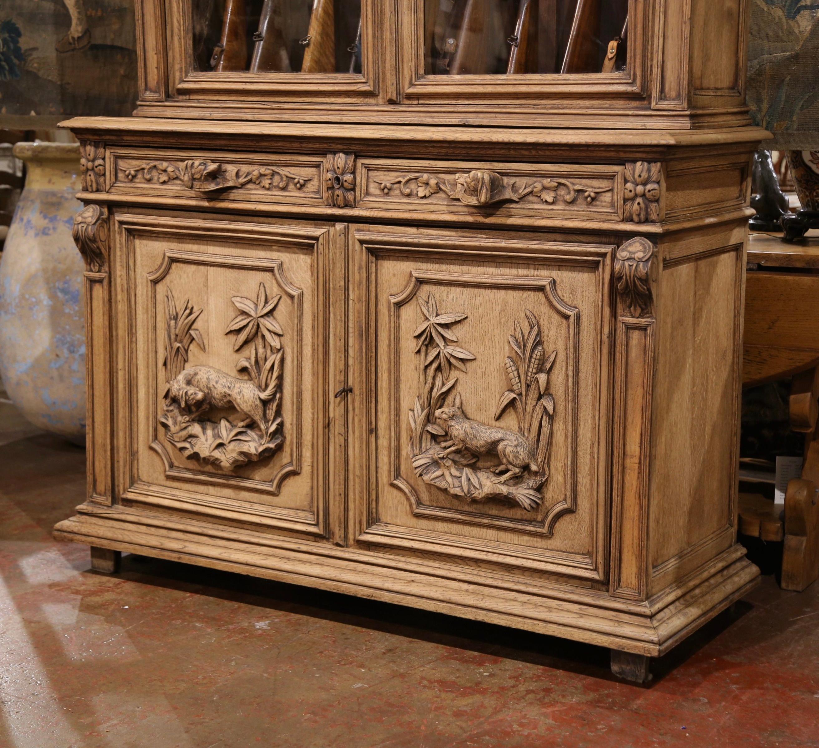 19th Century French Black Forest Carved Oak Nine-Gun Cabinet with Hunt Motifs 1