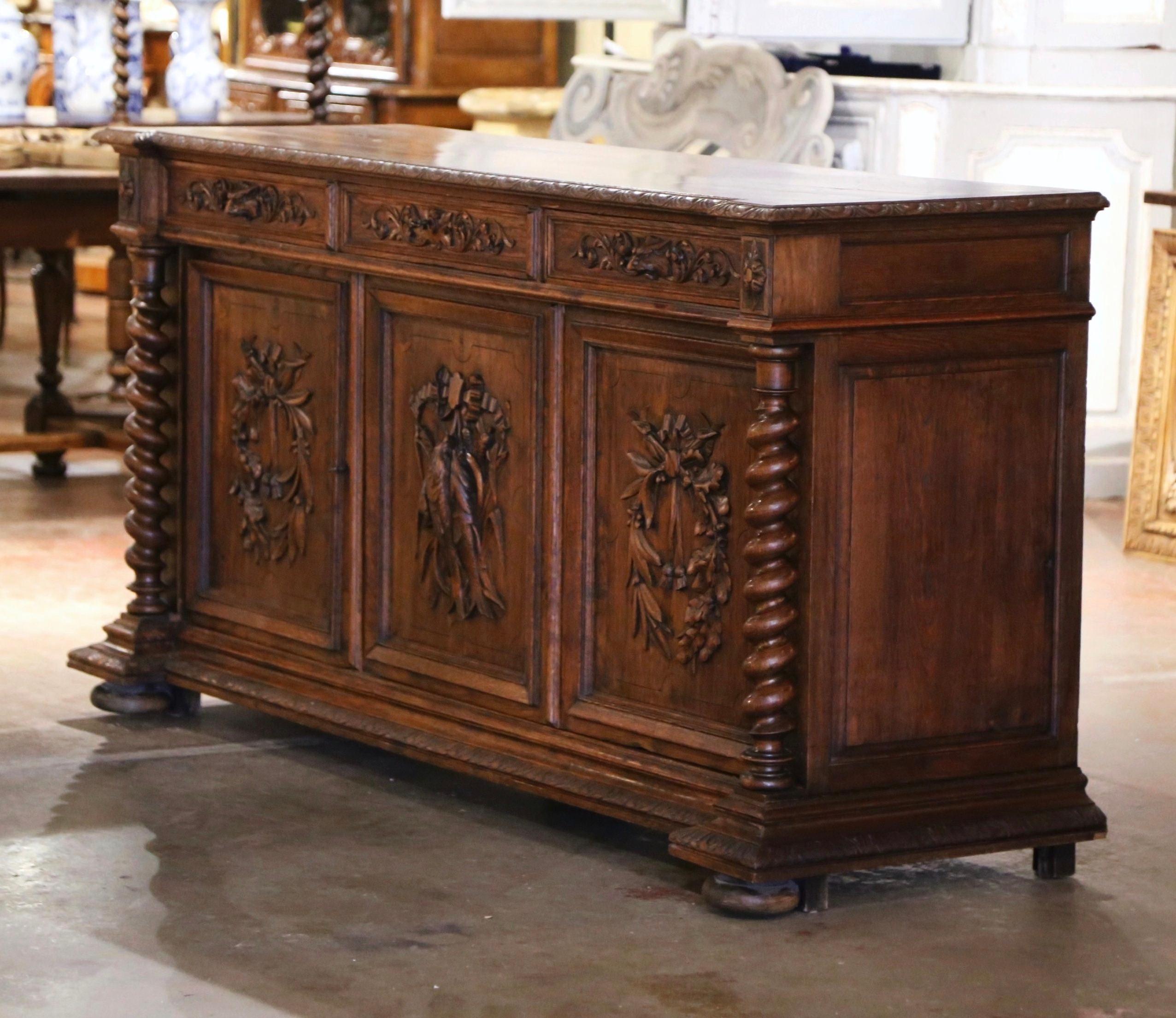 19th Century French Black Forest Carved Oak Three-Door Buffet Enfilade 8